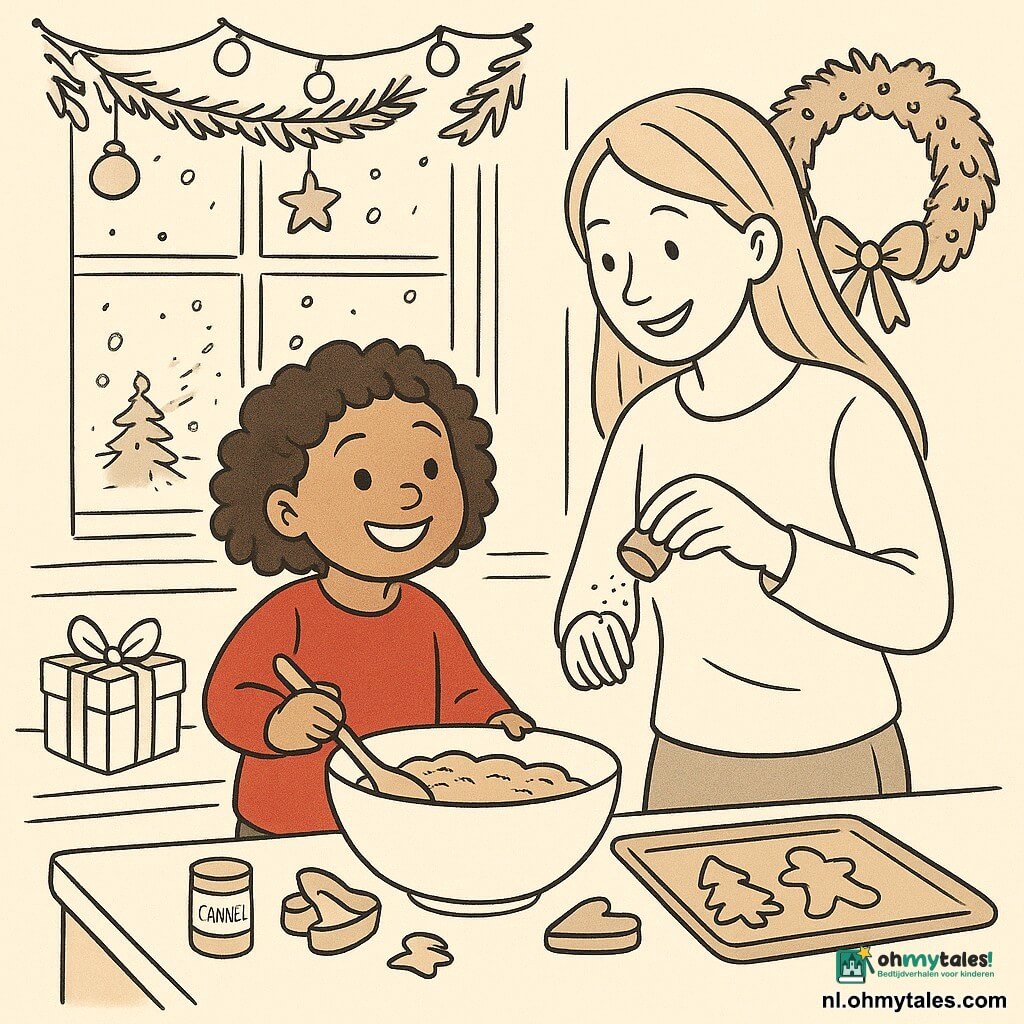 Een vierjarig meisje, Lotte, met krullend haar en een rode trui, staat op een krukje in de keuken. Ze heeft een stralende glimlach en haar ogen glinsteren van nieuwsgierigheid. Ze houdt een houten lepel vast en roert vrolijk in een kom vol koekjesdeeg. Haar moeder, een vrouw van ongeveer 30 jaar met lang blond haar, staat naast haar, glimlachend en oplettend, terwijl ze een snufje kaneel in de kom doet. De keuken is gezellig en versierd met lichtslingers en kerstversieringen. Een groot raam laat zien hoe sneeuwvlokken zachtjes buiten vallen. De situatie toont Lotte en haar moeder die samen kerstkoekjes maken, wat een vreugdevolle en feestelijke sfeer creëert.