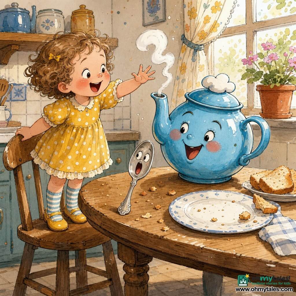 A small, round 4-year-old girl with short light brown curly strands looks amazed and laughing, wearing a yellow polka-dot dress and striped socks, standing on a wooden chair reaching toward a personified sky-blue teapot with rosy cheeks, a cloud-shaped steam hat, a mischievous smile and a puff of steam; a silver spoon with drawn eyes and an open mouth like an opera singer rests on the table near a plate of crumbs; in a warm kitchen with a light wood table, simple tiles, soft morning light, toast crumbs and a flower pot on the windowsill, the playful girl interacts with the magical teapot while the spoon seems about to sing, creating a funny, fantastical moment.