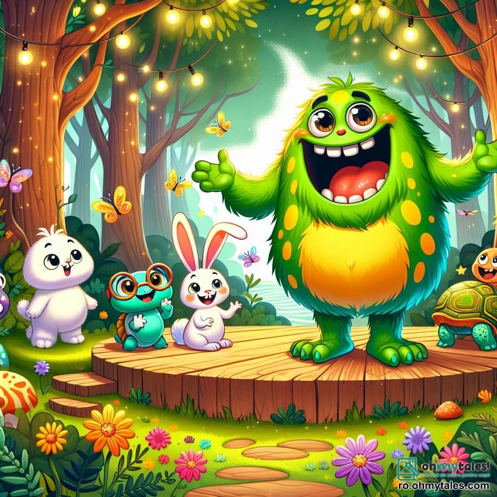 În centrul imaginii, Gigel, un monstru vesel cu o blană verde strălucitoare presărată cu pete mari galbene, stă în picioare pe o scenă din lemn. Ochii săi mari și rotunzi strălucesc de emoție, iar un zâmbet larg îi dezvăluie dinții albi. El povestește o glumă, cu brațele desfăcute, captând atenția tuturor. La dreapta sa, Pufi, un iepuraș cu urechi mari și blană albă pufoasă, sare de bucurie, râzând în hohote. Poartă un mic papion roșu și pare pregătit să aplaude. La stânga, Mădălina, o broască țestoasă cu un carapace colorată și ochelari de soare, zâmbește ascultând cu atenție, așezată pe o piatră, cu un carnet de glume în mână. Scena are loc în inima unei păduri fermecate, unde copacii cu trunchiuri groase și frunze multicolore formează un cadru magic. Flori luminoase și licurici dansează în jurul scenei, adăugând o notă feerică atmosferei. Situația principală o arată pe Gigel distrând un public format din creaturi fantastice, în timp ce râsetele și aplauzele răsună în aer, ilustrând bucuria și prietenia care domnesc în acest concurs de glume.