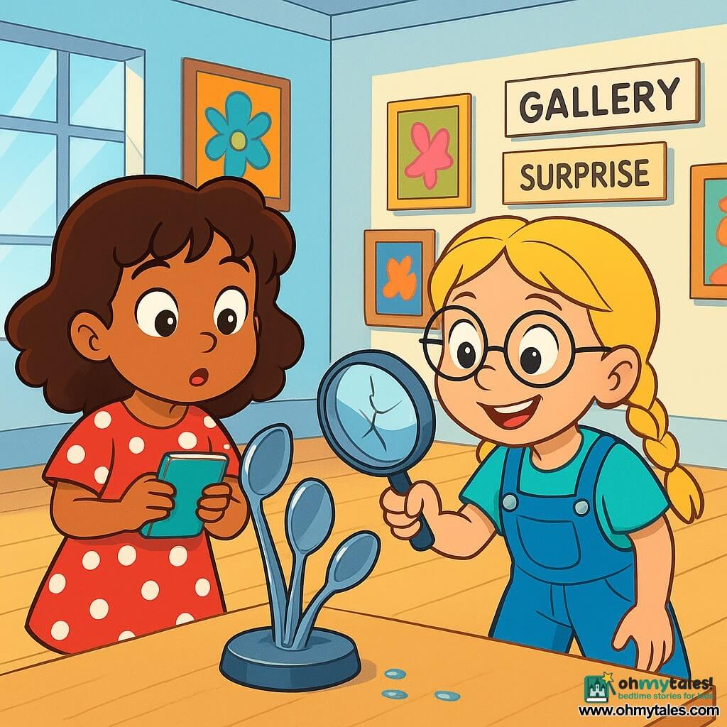 There are 2 main characters: - A girl named Maya, 6 years old, with curly brown hair and sparkling eyes. She wears a red dress with white polka dots and holds a small notebook in one hand. She stands on the left of the image, looking curiously. - A girl named Lila, 6 years old, with blonde hair in braids and round glasses. She wears blue overalls and holds a magnifying glass with a small crack. She is on the right of the image, smiling and observing intently. The setting is a bright art gallery with large windows letting in soft light. Colorful paintings with playful shapes are hung on the walls. A small sign reads "Gallery: Today's Surprise." The floor is light, well-polished wood. The main scene shows Maya and Lila discovering a clue near a small sculpture made of shiny spoons. They are focused, with expressions of wonder and determination, as they follow a small trail of water droplets on the floor.