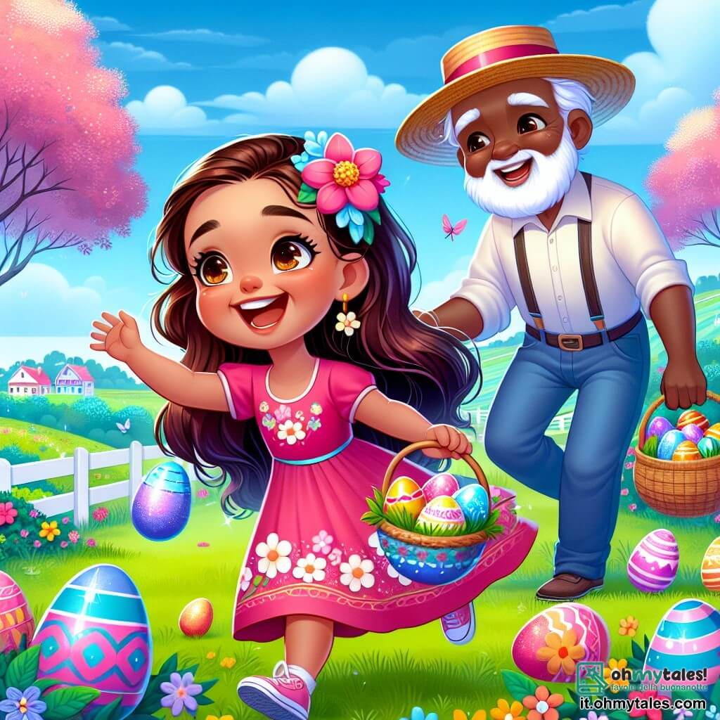 Una bambina di 4 anni, Sofia, con lunghi capelli castani e occhi scintillanti di gioia, indossa un vestito rosa a fiori. Sta saltando di felicità scoprendo un grande uovo di Pasqua blu brillante nascosto nell'erba verde. Accanto a lei c'è il nonno, un uomo anziano con barba bianca e un cappello di paglia, che sorride orgoglioso mentre tiene un cestino pieno di uova colorate. Lo scenario è una bella fattoria immersa nella natura, con alberi in fiore, un cielo azzurro chiaro e un campo di fiori multicolori. La scena rappresenta il momento magico in cui Sofia e il suo nonno partono per la caccia alle uova di Pasqua, circondati da risate e meraviglia.