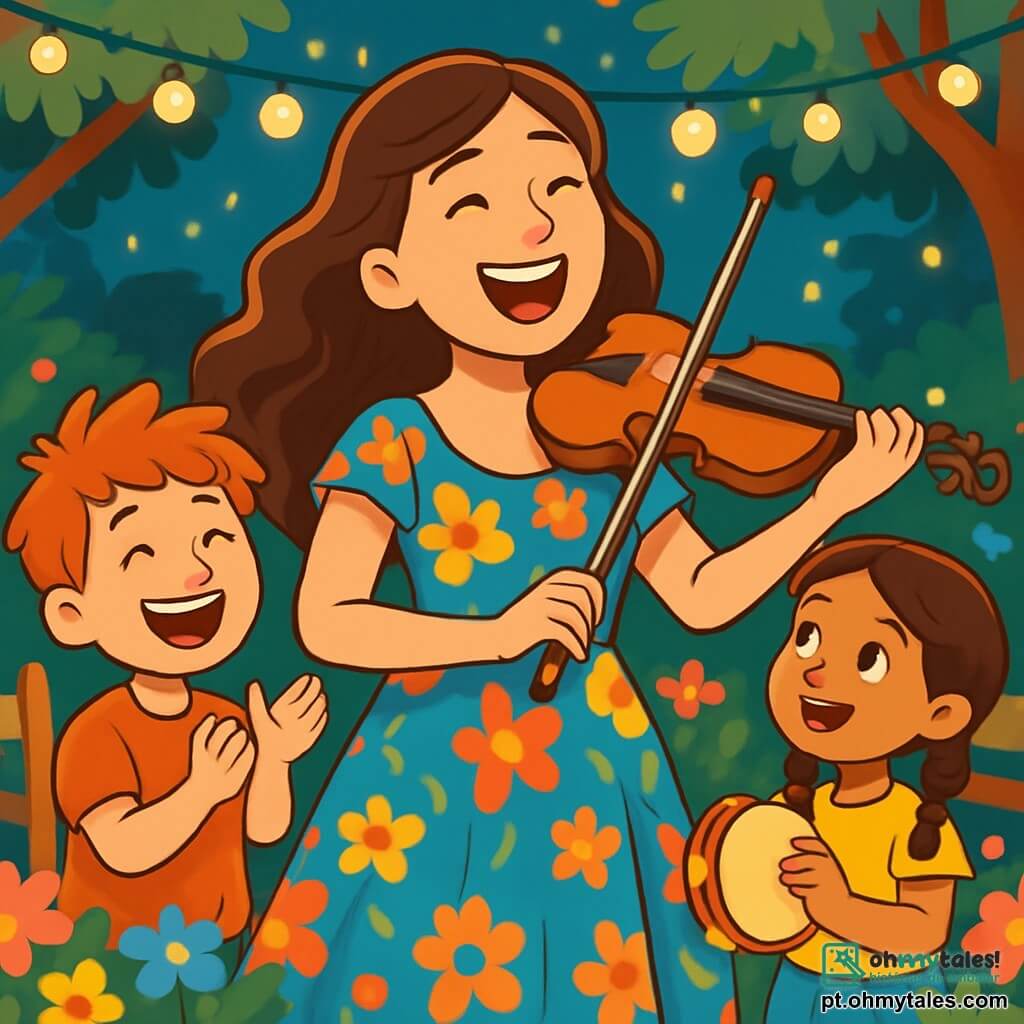 Joana, uma mulher de cabelos longos e ondulados, sorri entusiasticamente, segurando um violino nos braços. Seu rosto irradia alegria e excitação, com os olhos brilhando de amor pela música. Ela veste um vestido colorido, decorado com padrões florais, que dança ao seu redor enquanto se prepara para cantar. Ao seu lado, Tiago, um menino de 8 anos com cabelos ruivos desgrenhados, bate palmas alegremente em ritmo, seu rosto iluminado por um grande sorriso. Sofia, uma menina de 7 anos com tranças, segura um pequeno pandeiro e observa Joana com admiração, seus olhos brilhando de entusiasmo. A cena acontece em um jardim encantador, cheio de flores coloridas e luzes cintilantes, onde cadeiras estão dispostas ao redor deles. Luzes penduradas nas árvores criam uma atmosfera festiva e acolhedora. Joana e as crianças se preparam para dar um concerto improvisado, cantando juntas uma melodia alegre, com os rostos radiantes de felicidade e excitação, enquanto o público, composto por famílias e amigos, os escuta com admiração.