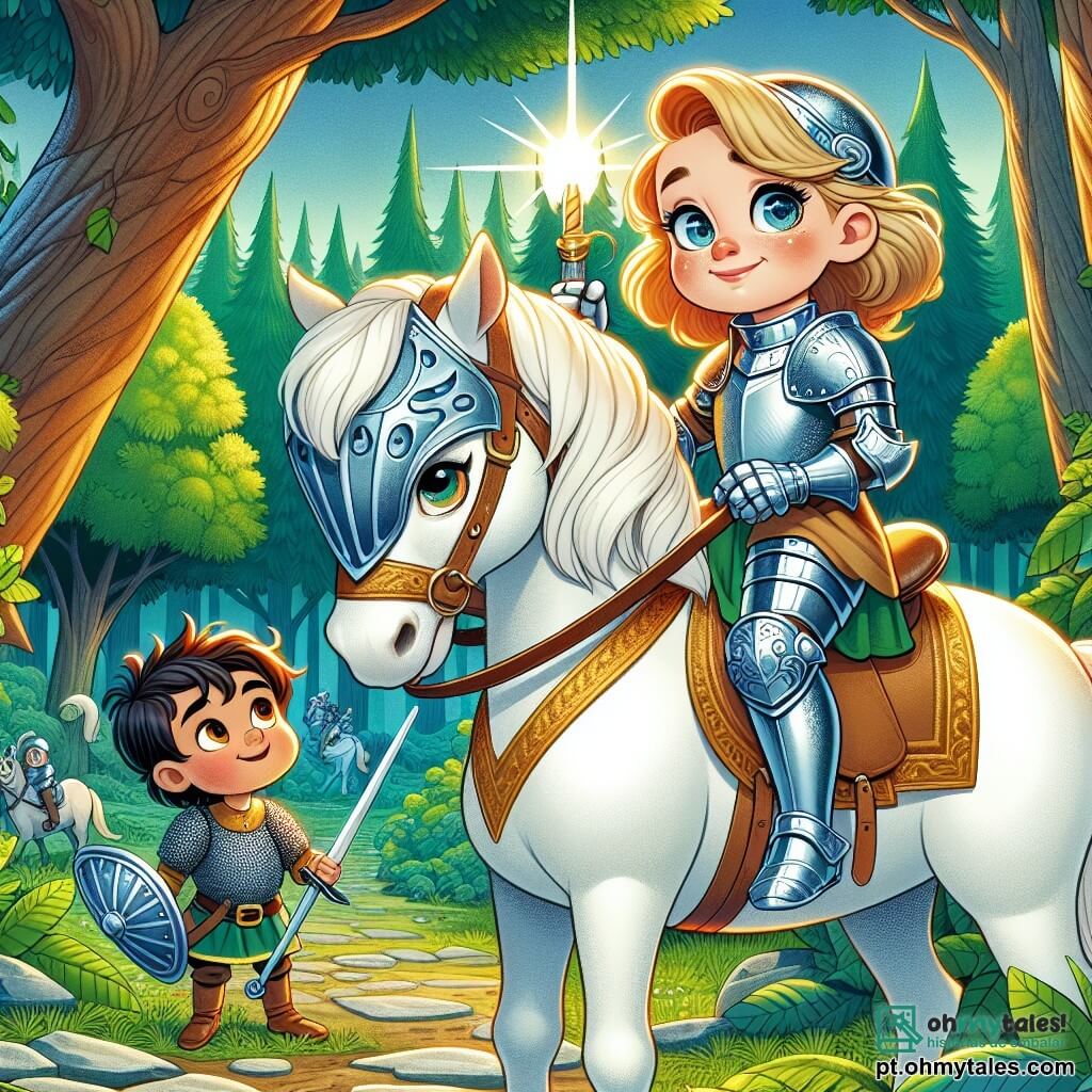 Uma jovem cavaleira, chamada Bela, está orgulhosamente em seu cavalo branco, com uma armadura brilhante que reluz ao sol. Seu rosto é determinado, com olhos brilhantes de coragem e um sorriso confiante. Ela empunha uma espada cintilante, pronta para enfrentar a aventura que a espera. Ao seu lado, um jovem escudeiro de 10 anos, com cabelos cacheados e olhos brilhantes, segura um pequeno escudo e admira sua mestra com admiração. Ele está em uma pedra, com as mãos na cintura, cheio de entusiasmo. Ao fundo, uma floresta densa com árvores gigantescas e folhas verdes vibrantes, e um caminho de pedras que serpenteia pelos arbustos. A cena transmite uma atmosfera de excitação e mistério, enquanto Bela se prepara para escolher seu caminho para o grande torneio.