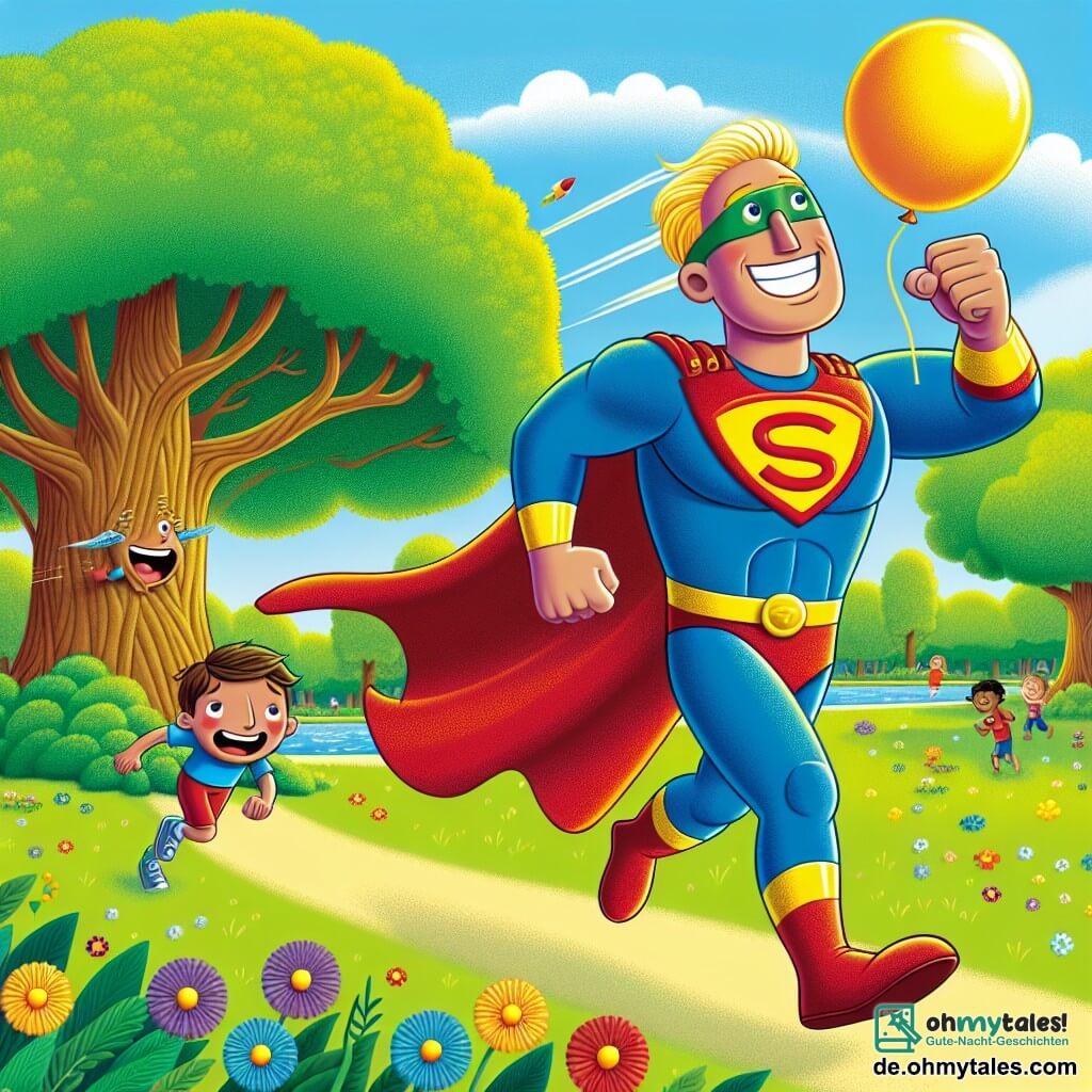 Ein Superheld namens Blitzmann, ein Mann in einem strahlenden Regenbogenkostüm, läuft mit einem großen Lächeln im Gesicht. Seine blonden Haare wehen im Wind und seine Augen strahlen vor Entschlossenheit. Er nähert sich einem großen Baum, wo ein etwa 8-jähriger Junge mit braunen Haaren weint, weil sein Ballon in den Ästen feststeckt. Der Junge trägt ein rotes T-Shirt und eine blaue Shorts und schaut Blitzmann mit hoffnungsvollen Augen an. Die Szene spielt in einem sonnigen Park, voller bunter Blumen und großer, grüner Bäume. Man sieht Kinder in der Ferne spielen und Vögel in den Ästen singen. Blitzmann ist bereit, dem kleinen Jungen zu helfen, indem er mit seiner Supergeschwindigkeit zum Ballon in den Ästen des Baumes eilt, um ihn zu holen und dem Jungen ein Lächeln zurückzugeben.