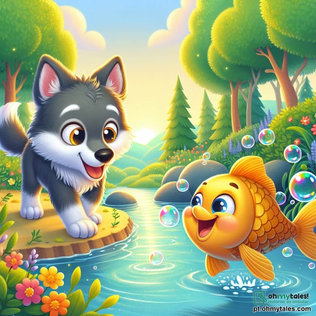 Um pequeno lobo chamado Lupi, com pelagem cinza e olhos brilhantes de curiosidade, está inclinado sobre um riacho cintilante, rindo alto enquanto tenta falar com os peixes. Ao seu lado, um peixinho dourado, alegre e travesso, nada na superfície da água, com um grande sorriso e bolhas ao seu redor, pronto para uma corrida de bolhas. A cena acontece em uma floresta encantada, com árvores de folhas verdes vibrantes e flores coloridas ao longo do riacho, enquanto o sol se põe no horizonte, projetando sombras suaves e douradas. Lupi e o peixinho se divertem juntos, criando bolhas de água que estouram em risadas, ilustrando um momento de alegria e camaradagem.