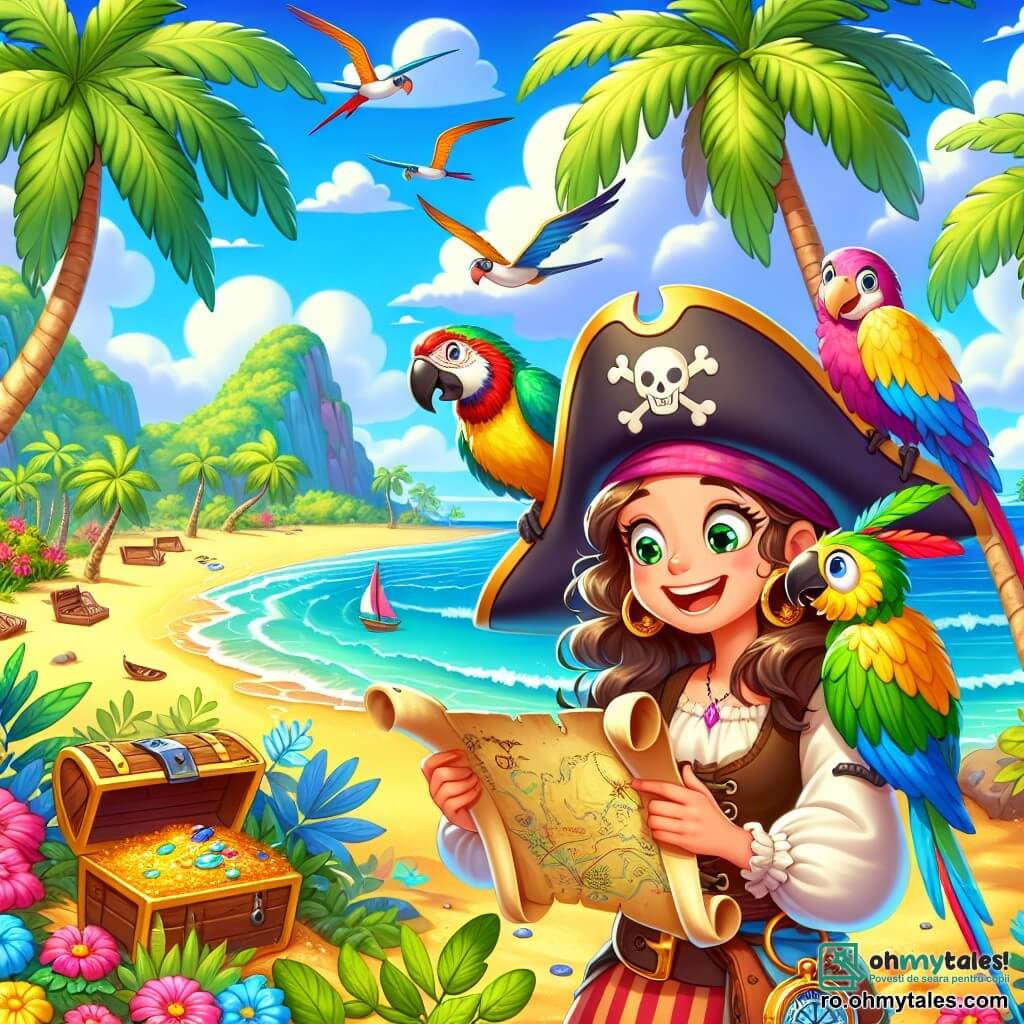 Scena o arată pe Maria, o tânără pirat cu părul lung și ondulat, purtând o pălărie de pirate împodobită cu pene colorate. Ea zâmbește larg, exprimând bucurie și entuziasm în timp ce descoperă o veche hartă a comorii. Lângă ea, Timmy, un papagal colorat, stă pe umărul ei, având pene verzi și galbene, strigând de bucurie. Puțin mai departe, Radu, un bărbat în vârstă cu barbă gri și un aspect înțelept, observă harta cu interes, ținând o busolă în mâini. Decorul se desfășoară pe o insulă tropicală, cu palmieri măreți, flori strălucitoare și o plajă de nisip auriu. În fundal, se văd valuri blânde care se sparg de țărm și un cer albastru presărat cu nori albi. Situația principală arată cum Maria, Timmy și Radu descoperă harta comorii, înconjurați de frumusețea insulei, pregătiți să plece în aventură pentru a găsi recompensa prețioasă ascunsă.