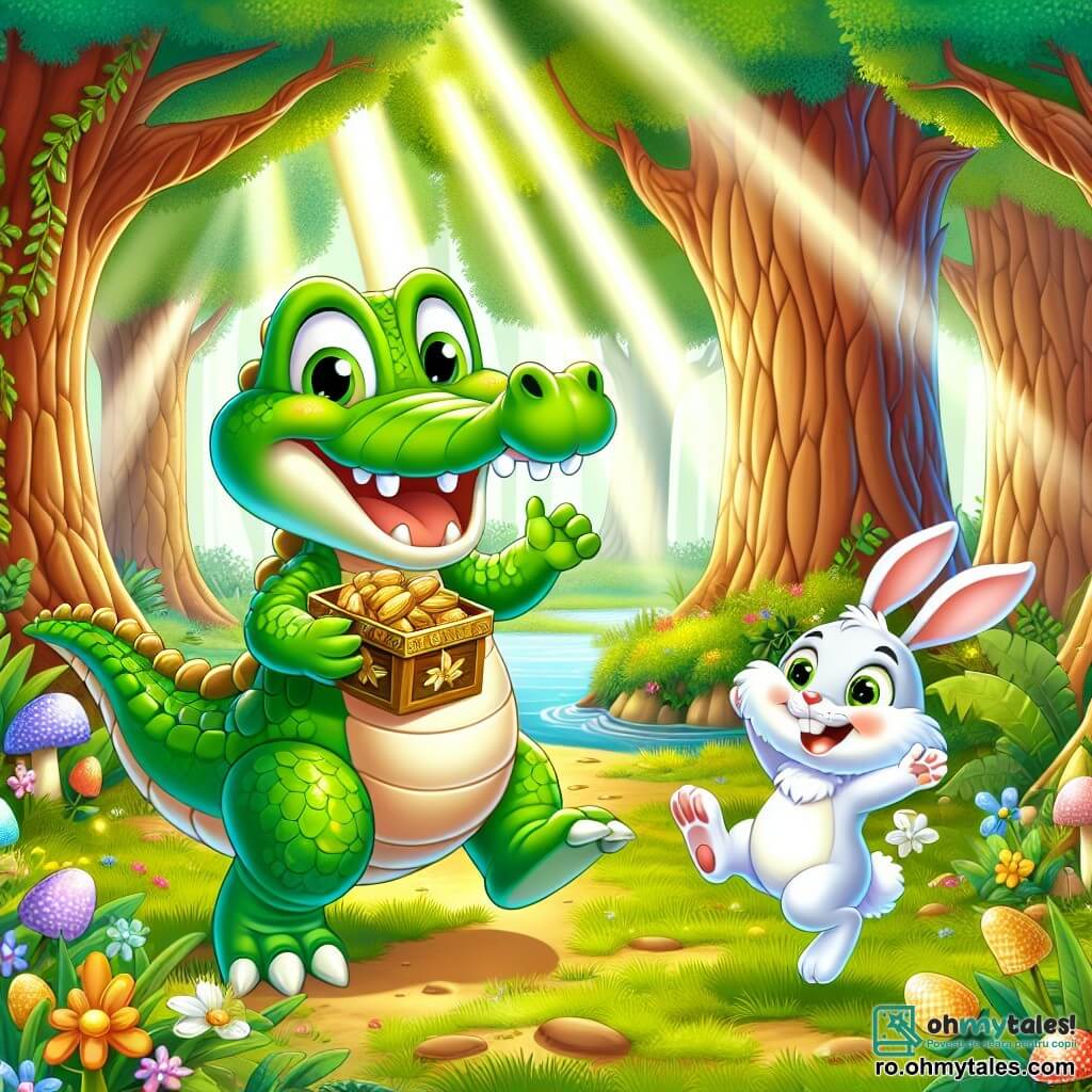 Un crocodil vesel numit Cocolino, cu o piele verde strălucitoare și ochi jucăuși, stă în centrul scenei, zâmbind larg în timp ce ține o cutie mică decorată cu frunze. Lângă el, un iepuraș alb numit Fulg de Nea, cu urechi mari și blană moale, sare de bucurie, cu ochii mari de entuziasm. Scena se desfășoară într-o pădure fermecată, unde copacii majestuoși cu trunchiuri groase și frunze strălucitoare creează o atmosferă magică. Razele soarelui filtrează prin frunziș, iluminând solul acoperit cu flori colorate și iarbă verde. Cocolino și Fulg de Nea au descoperit o cutie plină cu nuci aurii, gata să fie împărtășite cu toți prietenii lor din pădure, și se pregătesc să alerge împreună pentru a răspândi bucuria și râsetele în jurul lor.