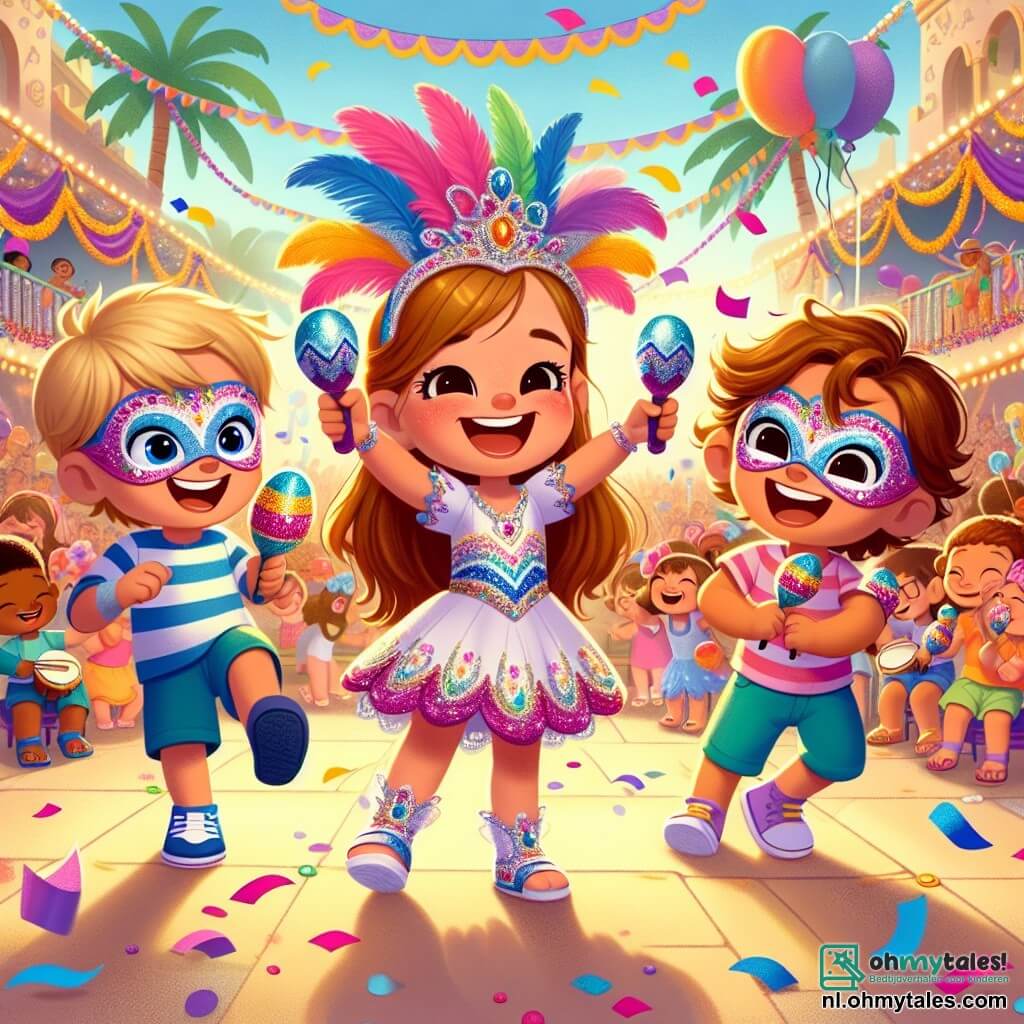 In het midden van de afbeelding staat een 6-jarig meisje, Lila, met lange bruine haren en sprankelende ogen, gekleed in een kleurrijk vlinderkostuum met glinsterende pailletten. Ze danst met een grote glimlach, haar armen wijd open, vol energie en geluk. Links van haar staat Sam, een 6-jarig jongetje met blond haar en blauwe ogen, die een kleurrijk masker draagt en met maracas schudt. Hij lijkt enthousiast en lacht vrolijk. Rechts van haar staat Mia, een 6-jarig meisje met krullend haar in een roze jurk, die confetti in haar handen houdt en glimlacht, klaar om het in de lucht te gooien. De achtergrond is een feestelijke straat op het eiland, versierd met kleurrijke slingers, zwevende ballonnen en een groot podium waar muzikanten vrolijke muziek spelen. Mensen dansen en lachen om hen heen, wat een sfeer van vreugde en viering creëert. De hoofdscène toont Lila, Sam en Mia die zich voorbereiden op een grote carnavalparade, omringd door kleurrijke versieringen en gelach, terwijl ze zich klaarmaken om hun prachtige creatie te onthullen: een grote vlinder gemaakt van kleurrijk papier en pailletten.