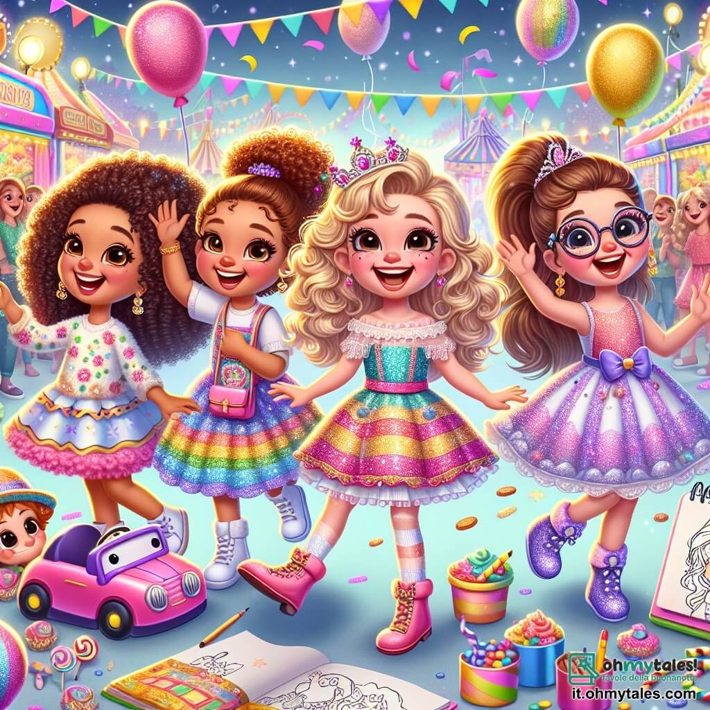 Al centro dell'immagine, quattro amiche stanno ballando felicemente. Emma, una bambina di sette anni con capelli ricci e un grande sorriso, indossa un costume colorato con paillettes scintillanti. Alla sua destra, Sofia, anche lei di sette anni, ha capelli lunghi e lisci e indossa un divertente cappello da clown. A sinistra, Giulia, una piccola di sette anni con occhiali e un vestito a fiori, tiene un quaderno da disegno in una mano, pronta a disegnare. Infine, Mia, una bambina di sette anni in un bel vestito rosa, è nella sua macchinina, ridendo e applaudendo mentre guarda le altre ballare. Sullo sfondo, il carnevale di Colorfulia si estende a perdita d'occhio, con stand di dolci colorati, palloncini fluttuanti e luci scintillanti. La scena principale mostra le quattro amiche che ballano insieme, circondate da coriandoli che cadono dal cielo, mentre un clown gioioso e un orso di marzapane le incoraggiano a unirsi alla festa. L'immagine trasmette un'atmosfera di gioia e amicizia, catturando lo spirito del carnevale.