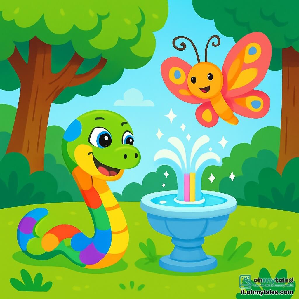 Un piccolo serpente di nome Serpino, con squame brillanti dai colori vivaci, striscia allegramente sull'erba verde, i suoi occhi scintillanti di curiosità e meraviglia. Accanto a lui, una farfalla di nome Fiorella, con ali delicate decorate da motivi colorati, vola graziosamente, sorridendo e indicando la direzione della magia. La scena si svolge in una radura incantata, circondata da alberi maestosi con tronchi spessi e foglie di un verde brillante, dove una fontana scintillante al centro versa un'acqua luminosa dai riflessi arcobaleno. Serpino, meravigliato, si avvicina alla fontana magica, pronto a bere l'acqua scintillante per scoprire il suo nuovo dono, mentre Fiorella lo incoraggia con entusiasmo, creando un'atmosfera di gioia e avventura.
