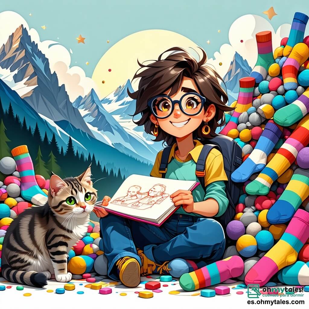 Lila Lópex, una joven con el cabello despeinado y grandes gafas redondas, sonríe con entusiasmo, los ojos brillando de emoción. Está sentada en el suelo, rodeada de montañas de calcetines multicolores, sosteniendo un boceto de su máquina extravagante. A su lado, su gata Cacahuete, una pequeña bola de pelo gris con ojos verdes traviesos, juega con un calcetín rosa que rueda. La escena se desarrolla en la habitación de Lila, llena de trastos: herramientas esparcidas, dibujos colgados en las paredes y una ventana abierta que deja entrar la luz del sol, iluminando los colores vivos de los calcetines. Lila sueña con su máquina de calcetines, imaginando cómo podría mantenerlos juntos, mientras Cacahuete se divierte haciendo rodar los calcetines, añadiendo un toque de caos alegre a la invención.