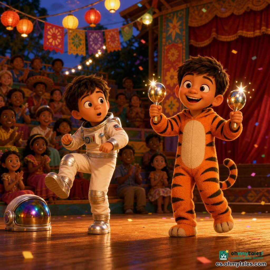 Hay dos niños protagonistas: Pablo, de unos 7 años, con disfraz de tigre naranja a rayas negras, pelo corto castaño, en el centro sacudiendo maracas plateadas y doradas que lanzan destellos, y Lucas, también de unos 7 años, con traje de astronauta blanco y plateado y casco reflectante a su lado, bailando levantando un pie y con expresión de asombro; la escena transcurre al crepúsculo en un gran anfiteatro al aire libre con gradas de madera llenas de público disfrazado, farolillos amarillos y rojos, un telón rojo con borde dorado y suelo iluminado por focos; ambiente festivo con aplausos, confeti y composición centrada en los dos niños con el público desenfocado detrás.