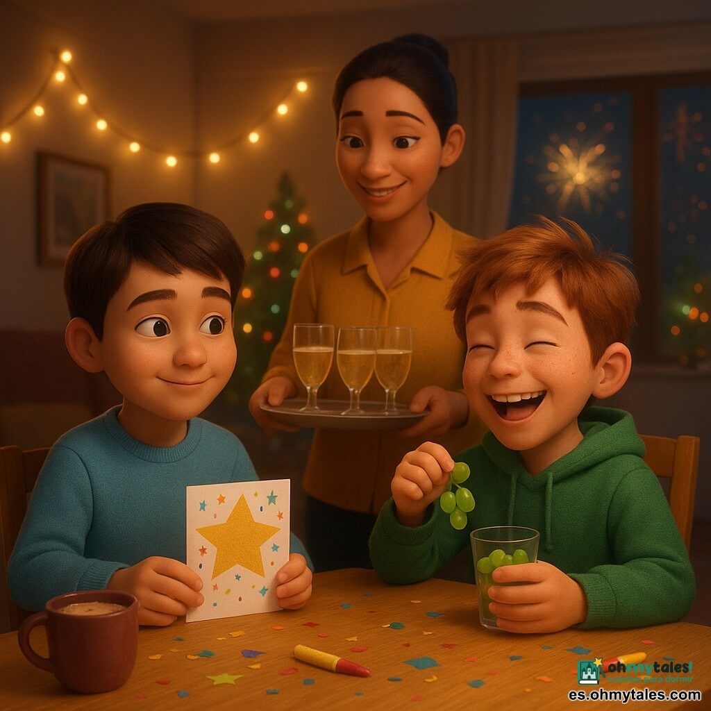 Hay 3 personas: dos niños principales — Zen, niño de 11 años, rostro tranquilo y redondeado, cabello castaño corto, ojos dulces, suéter azul claro; está sentado a la izquierda, sostiene una tarjeta decorada con una estrella dorada y sonríe mirando a su amigo; Dani, niño de 11 años, cabello castaño despeinado, pecas, sonrisa amplia y enérgica, sudadera verde; sentado a la derecha, sostiene un vaso pequeño con uvas y ríe mientras intenta coger una racima con la otra mano. Una mujer adulta, madre de Zen, unos 35 años, cabello recogido, blusa mostaza cálida, rostro acogedor; está de pie detrás de la mesa trayendo una bandeja con vasos sin alcohol y mira a los niños con ternura. Interior de salón cálido de noche: mesa de madera clara en el centro, guirnaldas luminosas en la pared, árbol de Navidad desenfocado con luces, ventana entreabierta que deja ver fuegos artificiales a lo lejos, tazas de chocolate y un frasco cerrado de purpurina sobre la mesa; iluminación cálida y texturas suaves. Situación: Nochevieja al dar las doce campanadas; los niños comen uvas lado a lado, Zen aprieta una tarjeta hecha a mano, Dani ríe intentando coger una racima, la madre sirve los vasos para brindar; ambiente íntimo y festivo con pequeños detalles como confeti, cintas de papel y estrellas adhesivas.