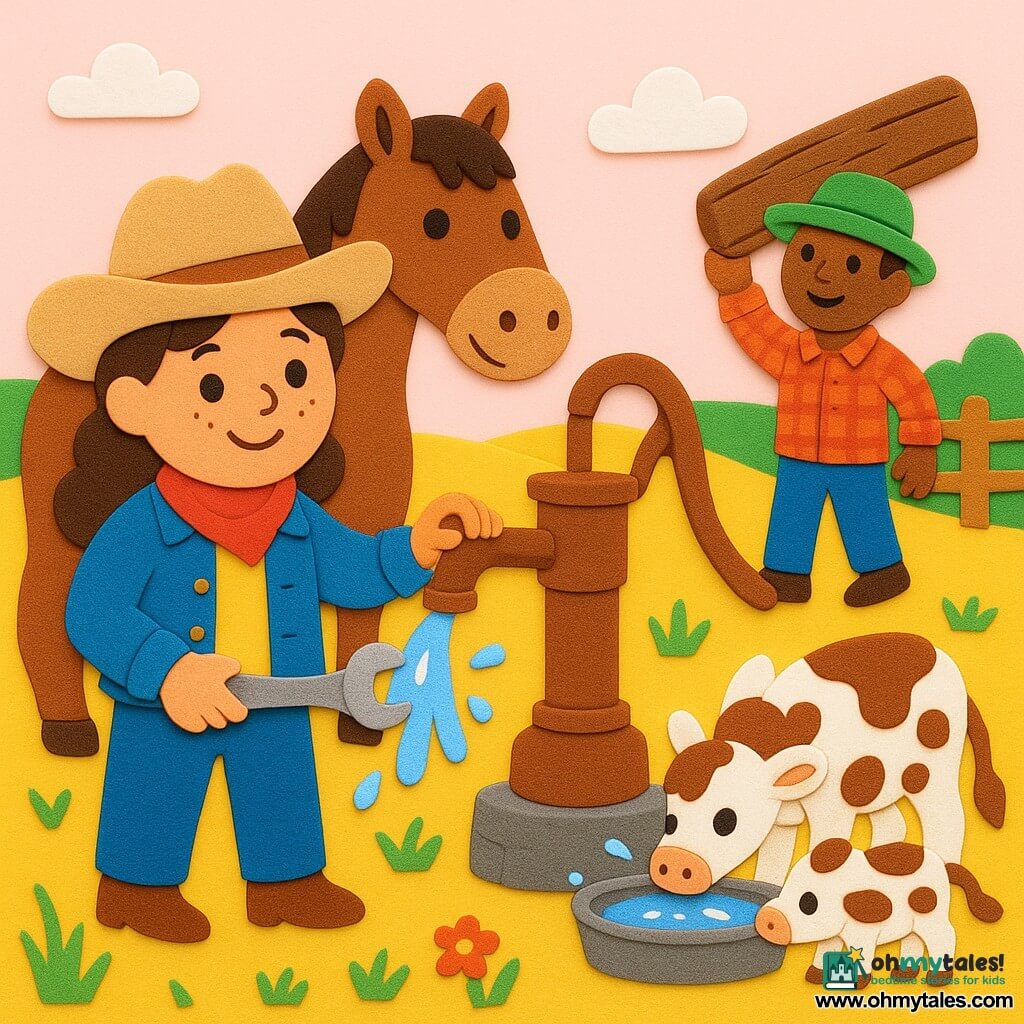 A smiling, brave cowgirl with a round freckled face, beige felt hat, red scarf and denim jacket uses a small shiny wrench to loosen an old metal water pump as water sprays in round drops and bright arcs; behind her left stands her gentle brown horse Star nuzzling her shoulder, two small playful spotted calves sniff at a trough to the right, and a forty-year-old neighbor in a rolled hat and plaid shirt lifts a heavy branch to help near a wooden fence; the rusted metal pump on a stone base has a pebble stuck in the mechanism and a worn wooden handle, set in a wide golden prairie with banded tall grasses, a few flowers and a pale pink dawn sky, warm reassuring atmosphere.