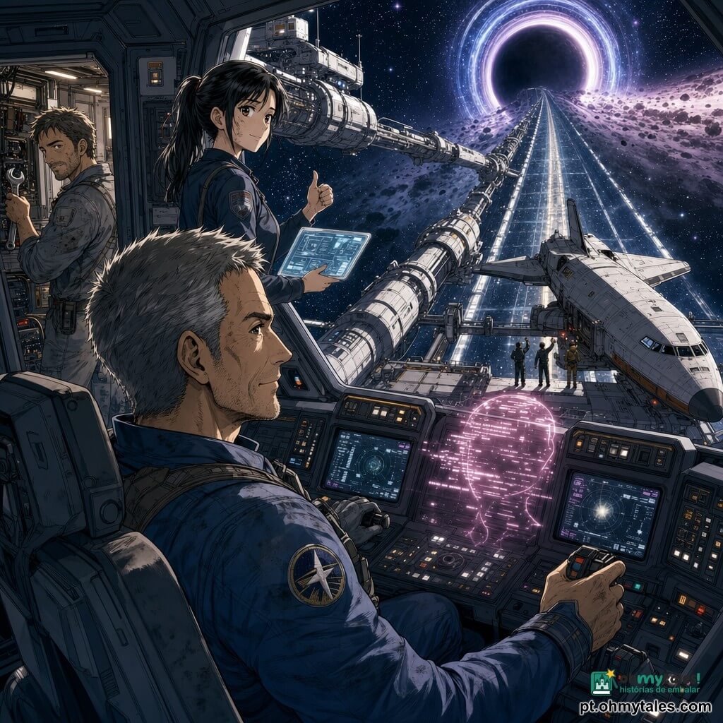 Um piloto de cerca de cinquenta anos, rosto marcado, cabelos curtos grisalhos, expressão concentrada e serena, vestindo um traje espacial azul gasto, sentado no posto de pilotagem com as mãos no manche e olhando pela janela enquanto guia a nave; uma técnica de cerca de 30 anos, cabelos pretos em rabo de cavalo, pele clara, olhos cansados mas aliviados, em pé na abertura da estação com um tablet iluminado apontando dados ao piloto; um mecânico de cerca de 35 anos, barba por fazer, macacão cinza manchado de óleo, segurando uma chave inglesa num painel aberto, ligeiramente atrás da técnica, concentrado nos instrumentos; a IA da nave sugerida por uma aura holográfica rosada e linhas de código flutuantes sobre o painel, sem traços humanos; cena espacial externa com um grande farol gravitacional escuro de anéis azuis e violetas, uma estação modular prateada ligada por braços metálicos e um longo corredor de luz estreito que separa duas zonas de partículas, estrelas ao fundo; a nave está acoplada ao fim do corredor, a tripulação troca gestos rápidos e a tensão se transforma em alívio, com luz suave, reflexos metálicos e pequenas partículas flutuantes.