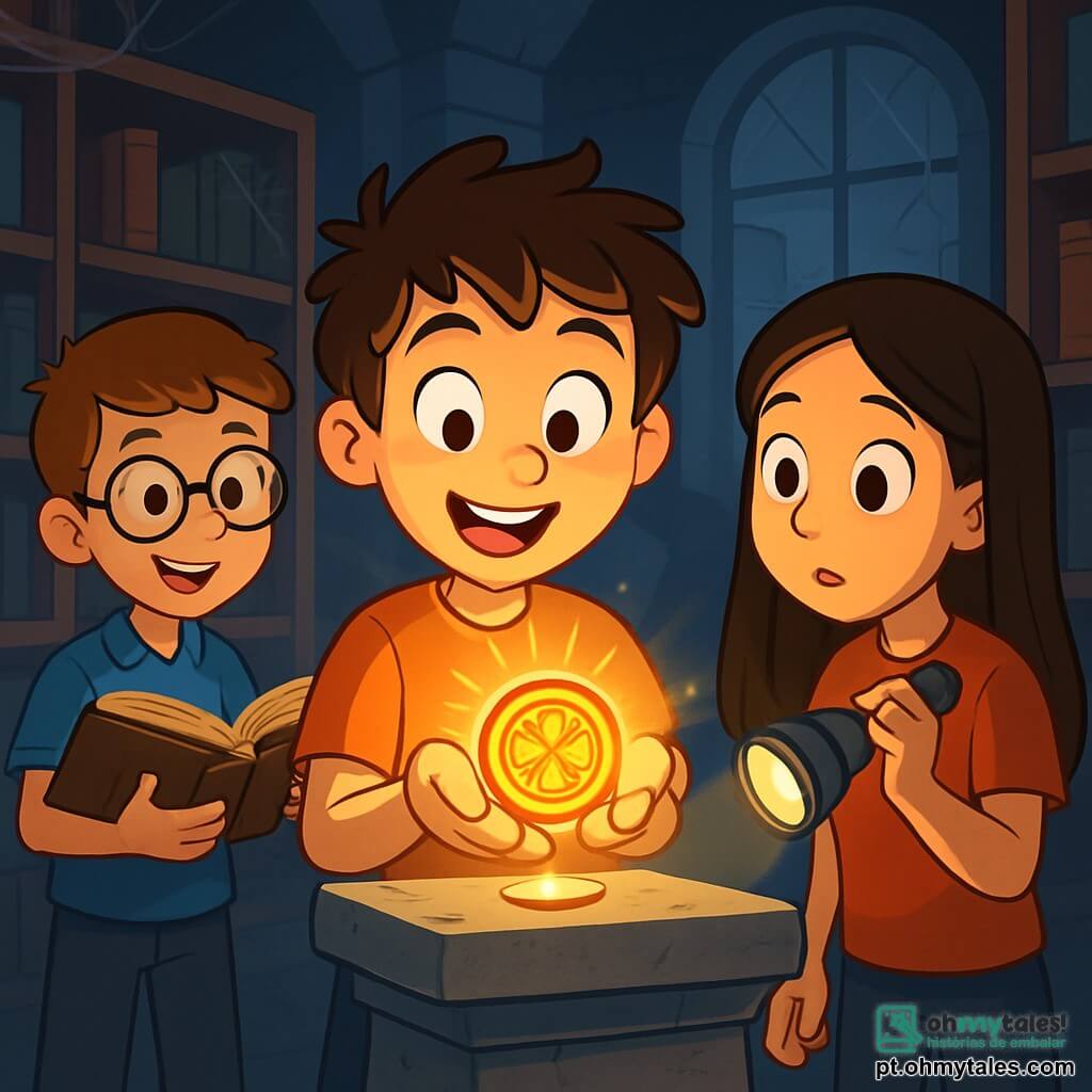 Um garoto de 10 anos, Miguel, com cabelos castanhos bagunçados e olhos brilhantes de curiosidade, segura um pequeno medalhão dourado nas mãos, seu rosto iluminado pela excitação e admiração. Ao seu lado, Ana, uma menina de 9 anos com cabelos longos e lisos, segura uma lanterna e observa o medalhão com uma expressão intrigada, enquanto Lucas, um garoto de 10 anos com óculos e um sorriso travesso, examina um livro velho em uma biblioteca empoeirada. A cena acontece em uma biblioteca escura e misteriosa, com prateleiras de madeira cheias de livros antigos, teias de aranha nos cantos e uma luz suave filtrando pelas janelas empoeiradas. Os três amigos estão diante de um velho pedestal de pedra, onde Miguel acaba de colocar o medalhão, e uma luz dourada começa a emanar dele, iluminando seus rostos maravilhados.