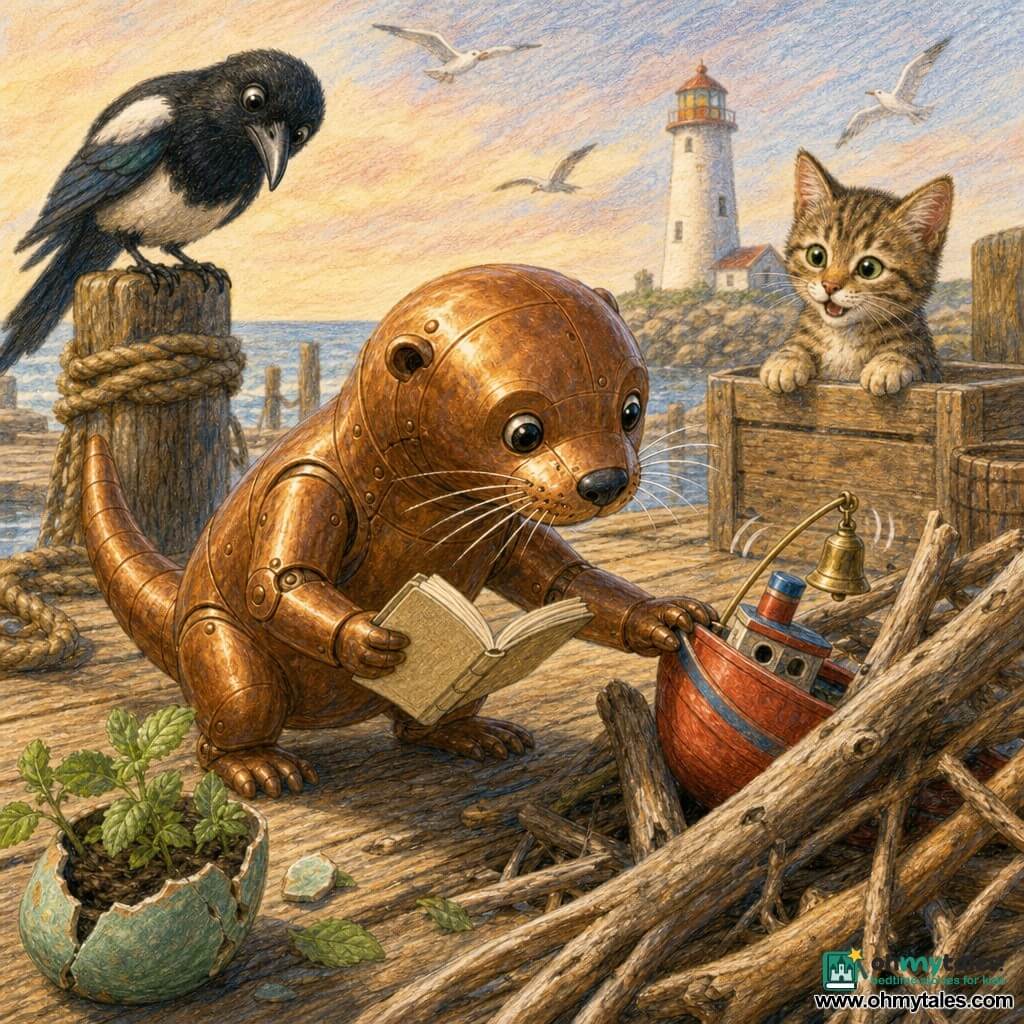 Pip, a small copper mechanical otter with shiny whiskers and glassy round eyes, is focused and gentle, holding an open notebook and carefully pulling a red toy boat with blue stripes free from pieces of driftwood while its bell tinkles; nearby, Milo, a mischievous black magpie with a curious gaze, perches on a post watching with head tilted, and Tansy, a striped tabby kitten, sits by a wooden crate looking relieved; the setting is a worn wooden quay with visible planks, coiled ropes, a cracked mint pot with green leaves, piles of driftwood casting shadows, a white lighthouse in the background and gulls in flight, rendered in warm pencil textures with a calm, reassuring atmosphere.