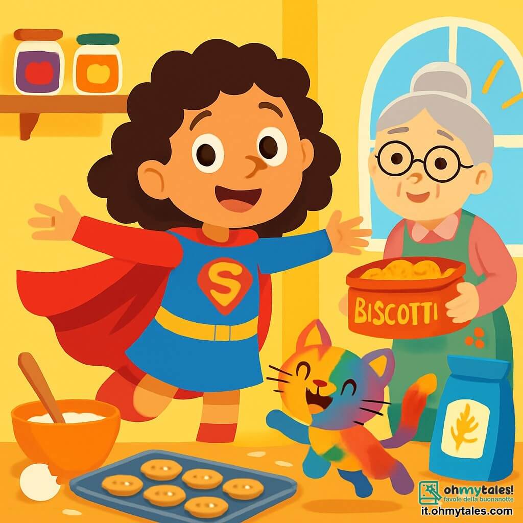 SuperLina, una donna sorridente con capelli ricci e un mantello rosso brillante, si trova al centro della scena, con le braccia aperte e un'espressione gioiosa e determinata. Accanto a lei, MicioMiao, un piccolo gatto dai peli arcobaleno, salta con entusiasmo, gli occhi scintillanti di malizia. La Nonna Rosa, una donna anziana con occhiali rotondi e un grembiule floreale, è un po' più indietro, tiene in mano una grande scatola di biscotti con un sorriso caloroso, i capelli grigi raccolti. La scena si svolge in una cucina colorata, con pareti gialle luminose, scaffali pieni di barattoli di marmellata e finestre che lasciano entrare la luce del sole. Sulla tavola, biscotti dorati e ingredienti sparsi aggiungono un tocco di magia. SuperLina e MicioMiao stanno cercando il cucchiaio magico perduto, ridendo insieme mentre frugano nella scatola di biscotti, creando un'atmosfera gioiosa e avventurosa.