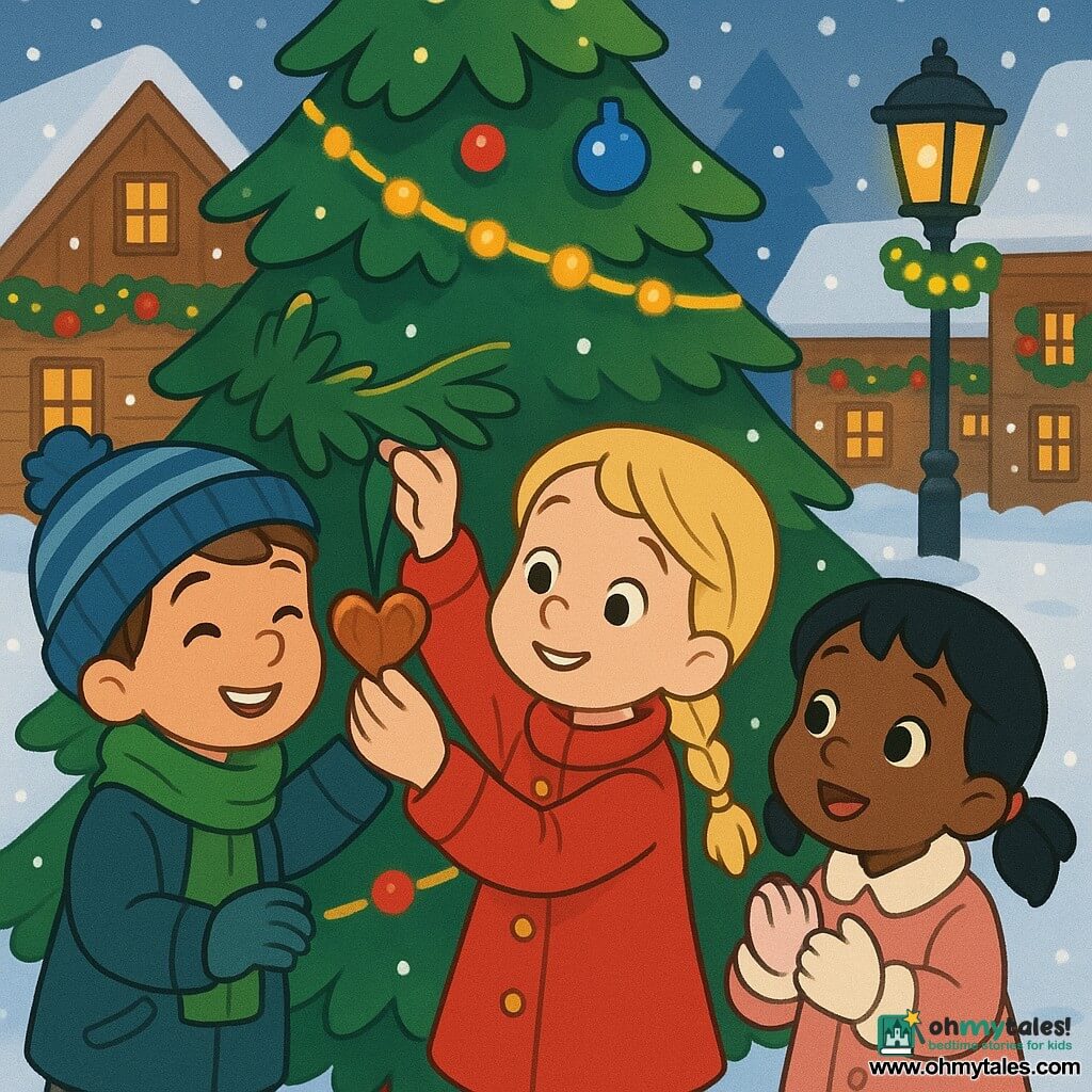 Three children—Lily, about 7, blonde in braids in a red coat holding a small polished wooden heart; Ben, about 7, short brown hair with a blue striped hat and green scarf, lifting the branch to help; and Mia, about 6, black hair in pigtails in a pink coat, watching in wonder—stand in a snowy village square with lampposts and decorated wooden houses around a large Christmas tree; together they hang the wooden heart on a branch as warm garland lights glow and snowflakes fall, joyful expressions centered on the act.