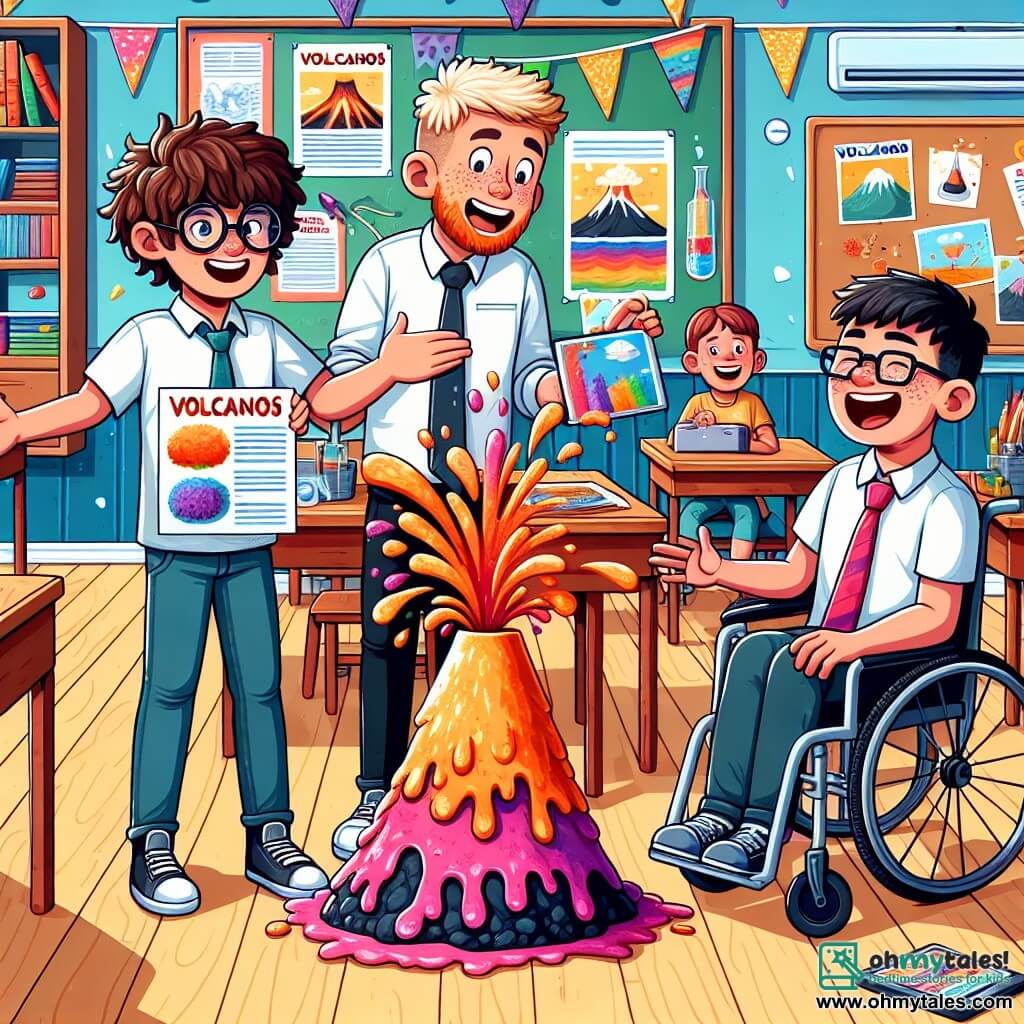 In a bright and colorful classroom, three children stand together, surrounded by school decorations. On the left, Jamie, a 12-year-old boy with messy brown hair and round glasses, smiles enthusiastically while holding a poster about volcanoes. In the center, Noah, a 12-year-old boy with blond hair and freckles, gestures energetically while showing their brightly painted volcano model. On the right, Ethan, a 12-year-old boy in a wheelchair with black hair and glasses, laughs while holding a tablet with images of volcanoes. The classroom is filled with wooden desks, colorful boards, and educational posters on the walls, creating a joyful and welcoming atmosphere. The three friends are presenting their science project on volcanoes to their classmates, featuring an erupting volcano made of baking soda and vinegar, overflowing with colorful foam, which delights and entertains their peers.