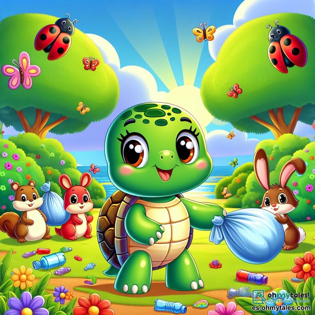 Una pequeña tortuga verde, con un caparazón brillante y ojos llenos de curiosidad, se encuentra en el centro de la imagen, sonriendo y decidida. Recoge basura colorida en el parque, rodeada de flores brillantes y árboles majestuosos. A su derecha, una mariquita roja con puntos negros vuela alegremente, sosteniendo un pequeño trozo de plástico en sus patas. A su izquierda, un pequeño conejo blanco con orejas grandes sostiene una botella de plástico, listo para ponerla en una gran bolsa. Más lejos, una ardilla marrón, con una cola tupida, sube por un árbol, observando a sus amigos con una sonrisa orgullosa. El parque es luminoso, con un cielo azul claro y rayos de sol que se filtran a través de las hojas, mientras mariposas coloridas vuelan a su alrededor. La escena muestra una atmósfera de camaradería y compromiso con la protección de la naturaleza, mientras los amigos trabajan juntos para limpiar su entorno.