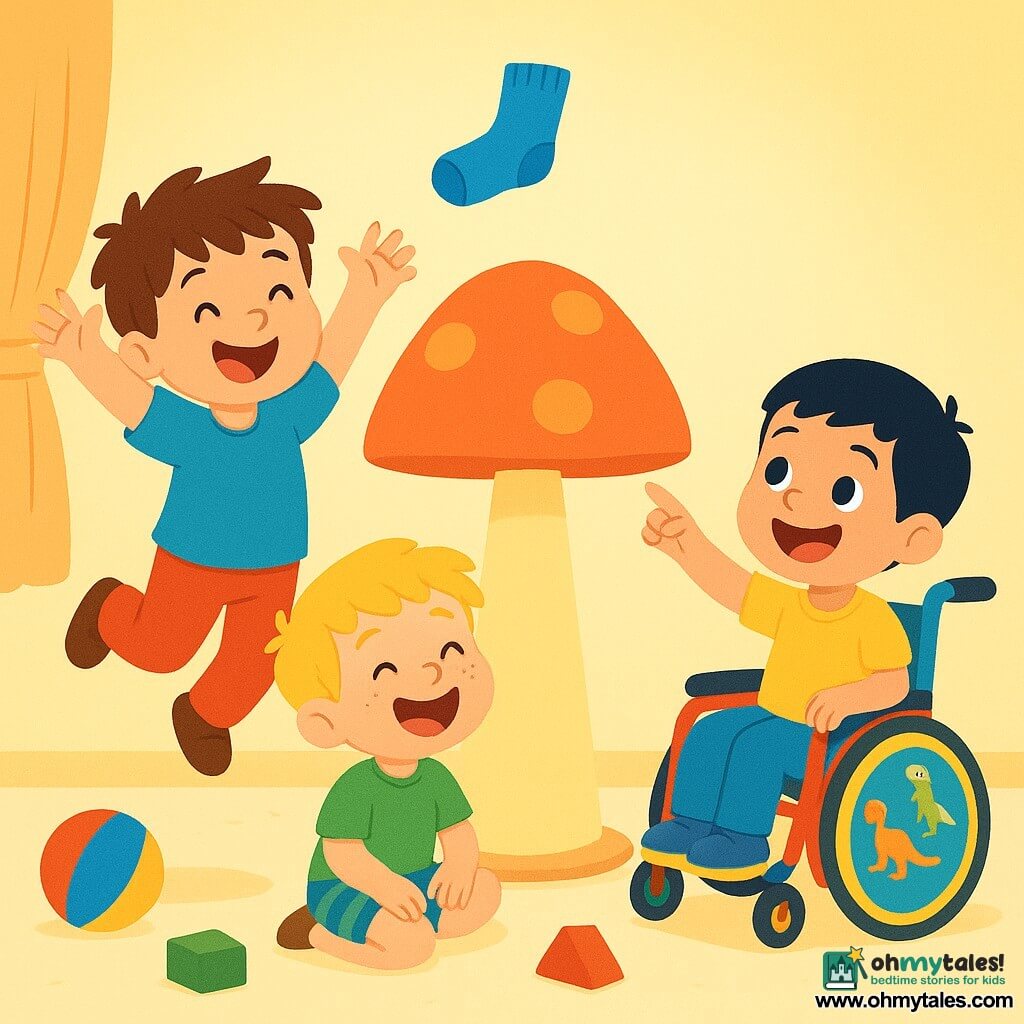 There are 3 characters: Benny, a 5-year-old boy with messy brown hair and a mischievous smile, wearing a blue t-shirt and red pants, jumping with arms raised towards a streetlight. Max, a 4-year-old boy with blonde hair and freckles, wearing a green t-shirt and striped shorts, sits on the floor laughing with his hands on his knees. Leo, a 3-year-old boy with black hair and sparkling eyes, is in a colorful wheelchair decorated with dinosaur stickers, pointing at the streetlight with a big smile. The setting is a bright and cheerful room with pastel yellow walls, colorful toys scattered on the floor, and a large mushroom-shaped streetlight illuminating the space. The main scene shows the three brothers playfully competing for a blue sock that landed on the streetlight, with Benny and Max jumping while Leo laughs and tries to help them catch it.