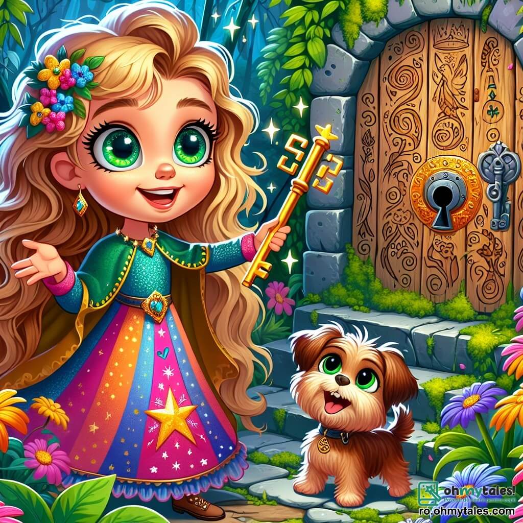 Liana, o tânără vrăjitoare de șapte ani, are părul lung, ondulat și auriu și ochi verzi strălucitori de curiozitate. Poartă o rochie colorată, împodobită cu stele sclipitoare și ține o cheie aurie în mână, afișând un zâmbet larg de entuziasm. Lângă ea, Puf, câinele ei loial, un terrier mic cu blană brună și coada zbârlită, se uită cu entuziasm la cheie, pregătit pentru aventură. În fundal, o ușă veche din lemn, acoperită cu mușchi și rune misterioase, se află în mijlocul unei păduri fermecate, unde flori multicolore dansează în ritmul vântului și razele soarelui străbat frunzișul. Situația principală arată cum Liana și Puf sunt în fața ușii magice, pregătiți să o deschidă și să descopere lumea fantastică care îi așteaptă în spatele ei, plini de uimire și anticipație.