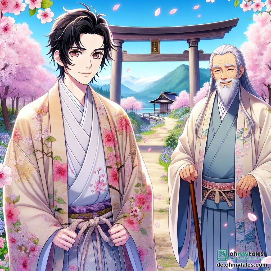 Der Hauptcharakter ist ein Mann namens Haruto, etwa 30 Jahre alt, mit schwarzen Haaren und leuchtenden Augen, der einen traditionellen Kimono aus leichtem, floral gemustertem Stoff trägt. Er zeigt tiefe Neugier und Entschlossenheit in seinem Blick, während er einen Weg entlanggeht, der von blühenden Kirschbäumen gesäumt ist, deren rosa Blütenblätter um ihn herabfallen. An seiner Seite steht Yuki, ein etwa 70-jähriger Mann mit langen weißen Haaren und gepflegtem Bart, der ein schwebendes Kleid in Pastellfarben trägt. Yuki lächelt weise, hält einen Gehstock und scheint Haruto zum Geheimnis des versteckten Schatzes zu führen. Der Ort ist ein wunderschöner japanischer Tal, gefüllt mit blühenden Kirschbäumen, einem klaren blauen Himmel und grünen Bergen im Hintergrund. Ein alter Holztorii steht majestätisch in der Mitte, umgeben von strahlenden Blumen und sanftem Licht, was eine magische und friedliche Atmosphäre schafft. Die Hauptsituation zeigt Haruto und Yuki, die vor dem Torii stehen, während Haruto das mystische Tor betrachtet, bereit, die wertvolle Lektion zu entdecken, die ihn auf der anderen Seite erwartet, während Kirschblütenblätter in einer sanften Brise um sie tanzen.