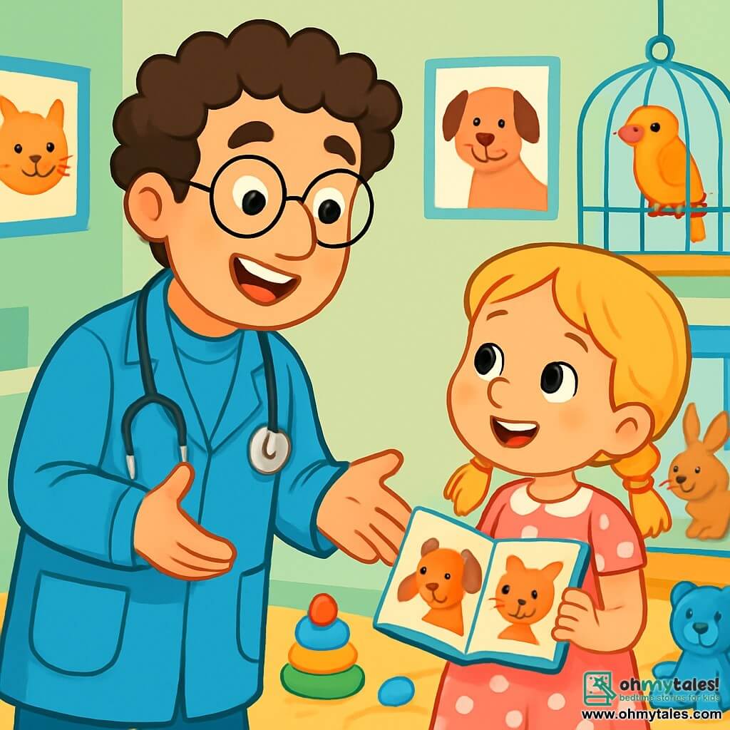 Dr. Ben is a cheerful man with curly hair and round glasses that slide down his nose. He wears a bright blue coat and a stethoscope around his neck, displaying a warm smile. Next to him is a 7-year-old girl, Lucy, with braided blonde hair in a pink polka dot dress. She holds an animal picture book and looks at Dr. Ben with admiration. The setting is a bright and welcoming veterinary clinic with pastel green walls, posters of smiling animals, and colorful toys scattered on the floor. Transparent cages house curious animals like rabbits and birds, watching the scene with bright eyes. The main situation shows Dr. Ben explaining to the children how to care for animals, using expressive gestures and a passionate look, while Lucy listens attentively, her eyes wide with wonder.