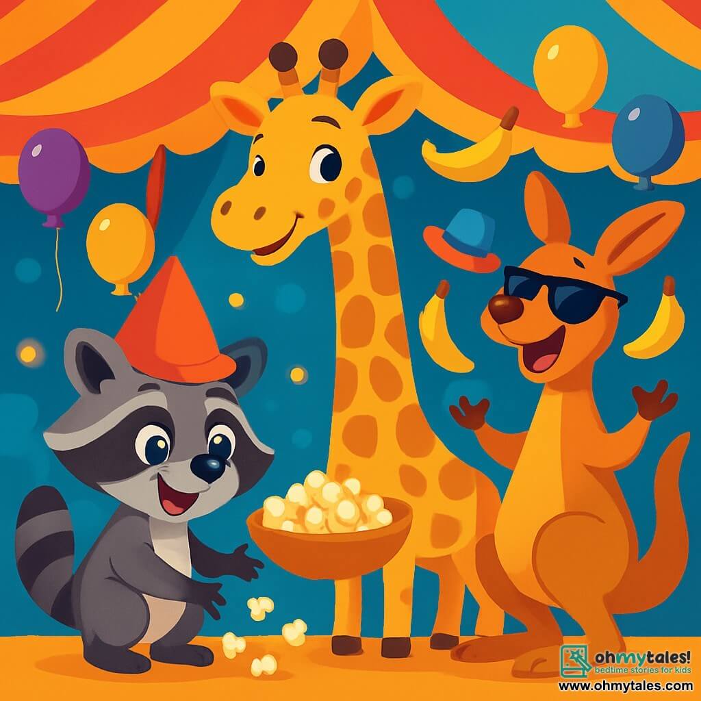 A mischievous little raccoon with shiny gray and black fur wears an oversized red clown hat. He has sparkling eyes and a wide smile as he picks up popcorn pieces falling around him. Next to him, a tall giraffe with golden spots and a friendly smile holds a tray of popcorn, watching the raccoon with amusement. A juggling kangaroo with brown fur and sunglasses juggles bananas and colorful hats, laughing joyfully. The scene takes place under a brightly colored circus tent with red and yellow stripes, filled with twinkling lights and floating balloons. In the center, the raccoon, giraffe, and kangaroo are all gathered, ready to prepare a hilarious show, surrounded by a crowd of curious and enthusiastic animals.