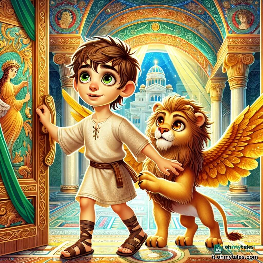Un giovane di nome Marco, di circa 12 anni, si trova al centro della scena. Ha capelli castani disordinati, occhi pieni di curiosità e un sorriso meravigliato. Indossa una tunica semplice in lino beige e sandali in cuoio, mentre tocca una grande porta di legno decorata con antichi motivi, il suo sguardo è colmo di eccitazione e attesa. Accanto a lui, una maestosa creatura, un leone alato, si erge fiero. Il leone ha una pelliccia dorata e ali scintillanti, i suoi occhi brillano di una saggezza antica. Osserva Marco con benevolenza, pronto a rivelargli i segreti del tempio. Il decor è quello di un antico tempio a Roma, con grandi colonne di marmo coperte di tessuti verdi e oro. Mosaici colorati adornano le pareti, rappresentando scene mitologiche, mentre una luce dorata filtra dalle crepe del soffitto, creando un'atmosfera magica e misteriosa. La scena principale mostra Marco, il cuore che batte forte, pronto a varcare la porta del tempio, mentre il leone alato lo incoraggia con un'espressione di orgoglio. L'atmosfera è carica di eccitazione e mistero, promettendo un'avventura incredibile.