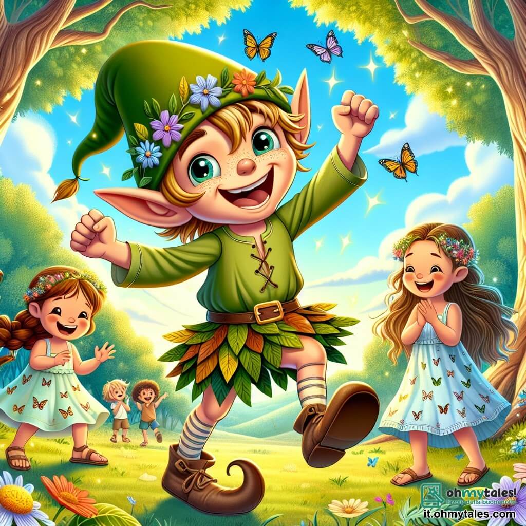 Un follet felice di nome Pippetto, con un grande cappello verde a punta, occhi scintillanti di malizia e un ampio sorriso, danza in una radura soleggiata. Indossa una tunica di foglie e scarpe di cuoio consumato, saltellando con entusiasmo. Accanto a lui, una bambina di 7 anni di nome Sofia, con lunghi capelli castani e trecce decorate con fiori colorati, ride a crepapelle, le braccia alzate verso il cielo. Indossa un vestito leggero a motivi di farfalle e sandali. Sullo sfondo, un gruppo di bambini, tra cui un ragazzo di 8 anni di nome Marco, con i capelli biondi in disordine, applaude e sorride, affascinato dalla magia del momento. Il luogo è una foresta incantata, con alberi maestosi e tronchi nodosi che si ergono verso un cielo blu brillante, e fiori dai colori vivaci che danzano al ritmo del vento. I raggi di sole filtrano tra le foglie, creando macchie luminose sul terreno ricoperto di muschio morbido. La scena principale mostra Pippetto che, con energia travolgente, esegue piroette e capriole, mentre Sofia e gli altri bambini lo incoraggiano, ridendo e divertendosi insieme in un'atmosfera gioiosa e magica.