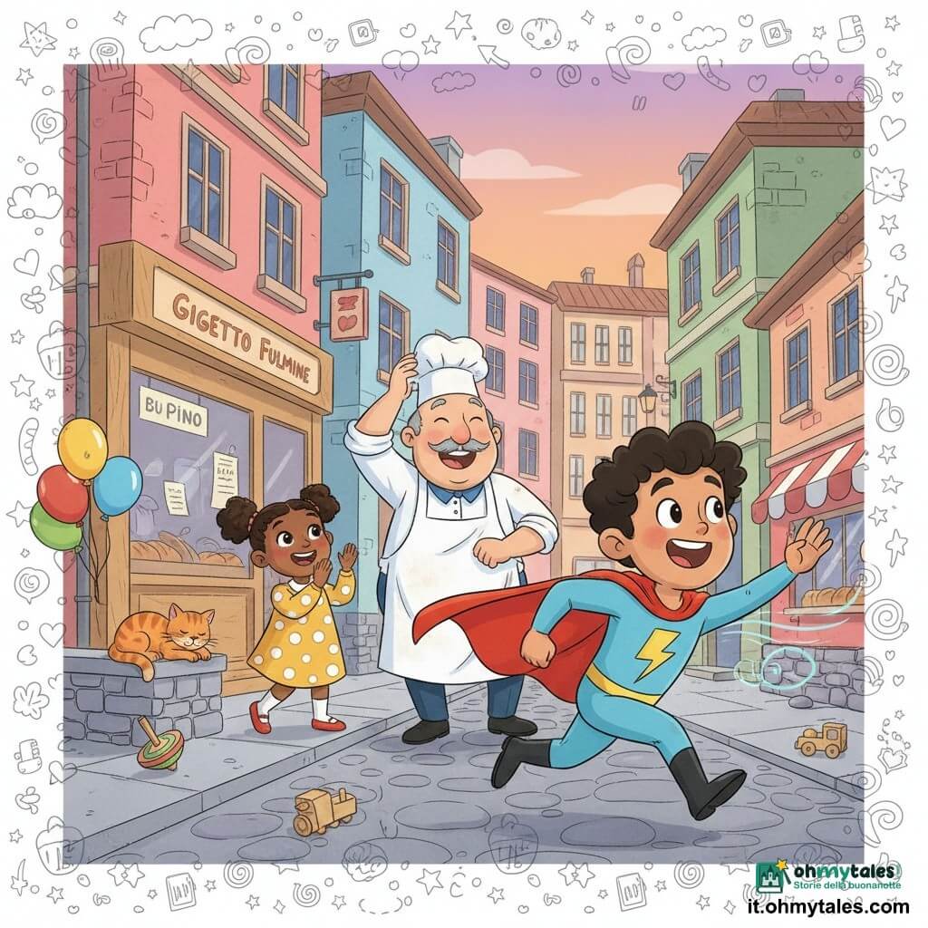 Un supereroe di nome Gigetto Fulmine, sorriso smagliante e occhi vivaci, costume blu e mantello rosso svolazzante, corre verso destra dando un colpo di vento con la mano. Un uomo adulto, il panettiere M. Pino (circa 50 anni), viso rotondo, baffi grigi, grembiule infarinato, sul marciapiede tiene il cappello e ride sorpreso. Una bambina di circa 6 anni, capelli a codini, vestito giallo, applaude felice accanto a un gatto rosso addormentato sul muretto. Via cittadina colorata con panetteria a vetrina di legno, facciate pastello, pavé, palloncini e giocattoli sparsi. Scena comica e calorosa, movimento visibile, vento disegnato con linee curve, colori vivaci, espressioni esagerate, luce calda del tardo pomeriggio.