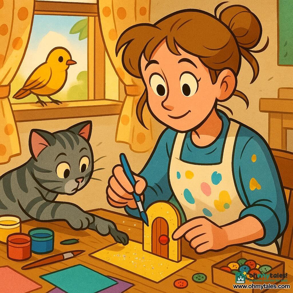 A young artist named Lena is gentle and focused, bright-eyed with a shy smile, holding a small blue brush and gluing a red button as a handle onto a tiny paper door; she wears a paint-stained apron (sky blue, mustard yellow, candy pink) and has light brown hair in a loose bun with strands free. A gray tabby cat named Sam slips onto the wooden work table, paw reaching toward the red button, while a small yellow bird perches on the window sill, tilting its head. The bright studio features a large table strewn with paint jars, brushes, colored paper and a box of buttons, afternoon sunlight through polka-dot curtains, warm cozy lighting, crisp details like wood texture, glossy paint drops and glitter dust, cheerful contrasting palette, soft rounded lines, light shadows, 90s cartoon style, composition centered on Lena and her tiny craft.