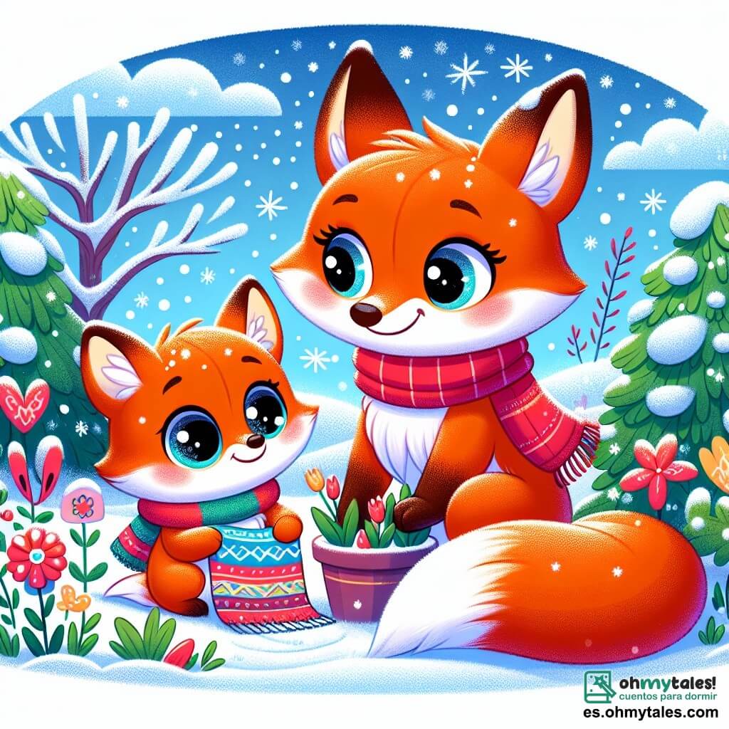 Un zorro adorable llamado Rufi, con un pelaje naranja brillante y ojos curiosos, está en un jardín nevado, maravillado por la nieve que cae suavemente. Sonríe ampliamente, con sus pequeñas orejas erguidas, sosteniendo una manta colorida para cubrir las flores. A su lado, su mamá, una hermosa zorra con un pelaje más suave y ojos cariñosos, lo ayuda a cubrir las plantas, mostrando una sonrisa cálida. Lleva una bufanda roja que contrasta con la blancura de la nieve. El lugar es un jardín encantador, lleno de copos de nieve brillantes, plantas verdes cubiertas de nieve y un cielo azul claro. Los árboles con ramas cargadas de nieve se alzan al fondo, añadiendo a la magia del invierno. La escena principal muestra a Rufi y su mamá preparando el jardín para el invierno, llenos de alegría y amor, disfrutando de este momento juntos en la belleza pacífica de la temporada.