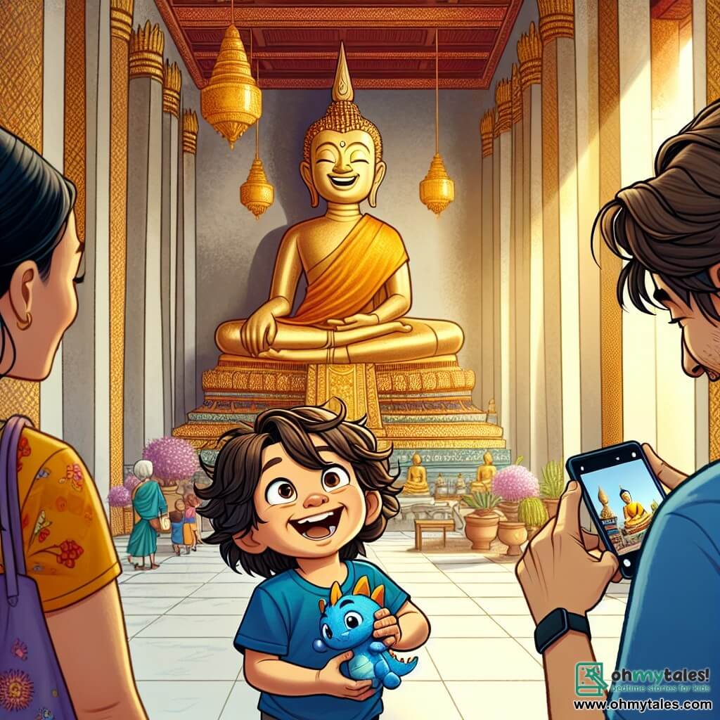 A 4-year-old boy named Sam, with messy brown hair and a big smile, holds a small blue dragon plush toy in his arms. He is amazed, eyes wide, in front of a huge golden Buddha in a temple. Next to him, his mom, a woman in her thirties with long black hair and a colorful dress, smiles at her son, while his dad, a man in his thirties with a light beard and a blue t-shirt, takes a photo with his phone. The temple is majestic, with walls adorned with golden patterns and colorful lanterns hanging from the ceiling, bathing the scene in warm light. Sam, standing on his tiptoes, admires the golden statue shining under the sun's rays, while his family surrounds him, creating a moment of joy and wonder.