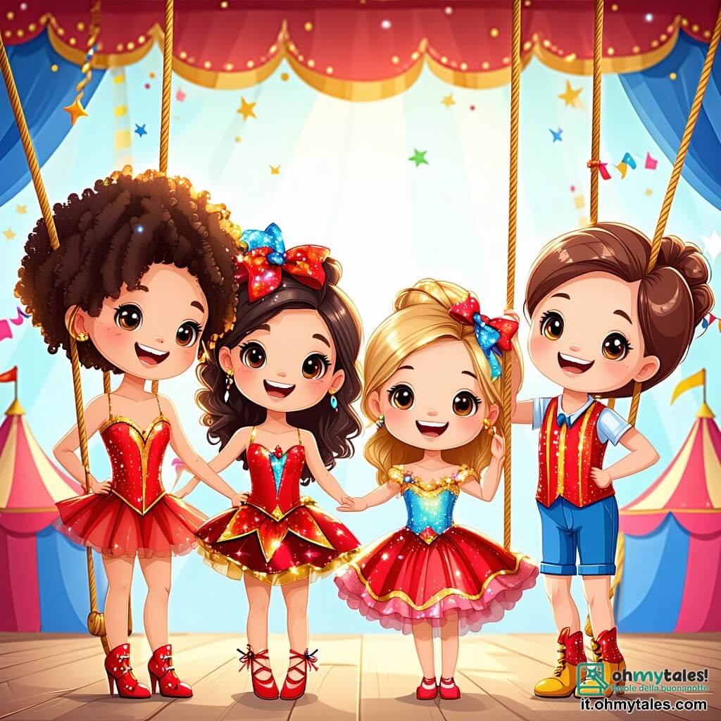 In un grande circo colorato, quattro amiche si trovano sotto il maestoso tendone. Giada, con capelli ricci e disordinati, indossa un costume da trapezista scintillante in rosso e oro, pronta a saltare. Beatrice, con capelli lisci e una grande fiore nei capelli, indossa un costume da clown a pois multicolori e tiene una grande torta di panna. Sara, con occhiali tondi e capelli intrecciati, indossa un costume da presentatrice scintillante e tiene un microfono. Mia, in sedia a rotelle, con capelli corti e un grande sorriso, indossa una maglietta colorata e un cappello di festa, incoraggiando il pubblico con un megafono. Il tendone è decorato con luci scintillanti e bandierine colorate, con sedili in legno disposti in cerchio attorno a una pista centrale. L'atmosfera è carica di eccitazione e magia, catturando lo spirito di avventura e amicizia delle quattro amiche.