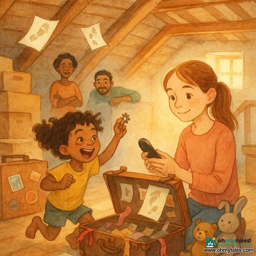 A tender, adventurous scene in a sunlit attic: Mila, 10, oval-faced with light brown hair in a ponytail and a calm, protective smile, gently holds a shiny black remote; behind her, 7-year-old Juno, curly dark hair and freckles, excitedly holds a small clip or toy and hops near an open chest as paper sheets with drawn prints float around; the smiling mother with crossed arms and amused father leaning on the sofa are visible by the stair hatch; exposed wooden beams, golden dust, stacked brown boxes, a stickered suitcase, mismatched plush toys and ribbons create a warm, watercolor-textured atmosphere.