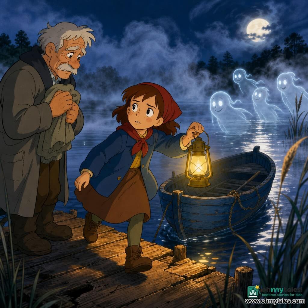An eight-year-old girl with a round freckled face and short chestnut hair under a red scarf, large determined eyes and a brave yet slightly worried expression, holds a yellow lantern casting warm light as she walks toward an old blue rowboat named Whisper on a misty silver lake; an elderly man of about seventy in a gray wool coat with a white mustache and wrinkled hands stands on the left shore, relieved and moved, holding a small worn blanket, while several small translucent smiling ghostly figures with glowing-button eyes float gently behind the boat as if guiding it, the calm glassy water, cracked wooden pier, dark reeds and a partly veiled moon adding a slightly eerie but warm atmosphere.