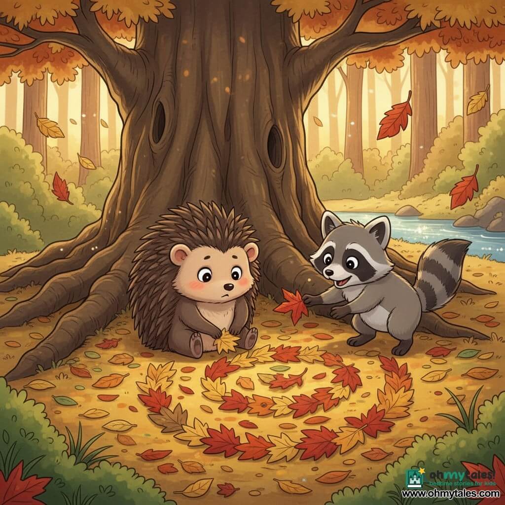 An anthropomorphic hedgehog (main character) with a sweet, shy expression and rosy cheeks sits under a massive oak, assembling a spiral of colorful autumn leaves on the ground with small paws; a young raccoon (secondary) with a gray-and-black mask, bright curious eyes and an enthusiastic posture stands slightly right and forward, offering a red star-shaped leaf to add to the spiral. The scene is an autumn clearing at the oak’s roots—exposed root nooks, yellow/red/brown leaves, bits of green moss and a sparkling stream in the background—with soft golden late-afternoon light, long shadows and gently falling leaves. Main action: two friends creating a large spiral of intact and hole-punched leaves, centered composition, warm colors and visible crumpled-paper textures. Style: childlike manga, clean lines, exaggerated tender expressions, saturated palette and soft contrasts.