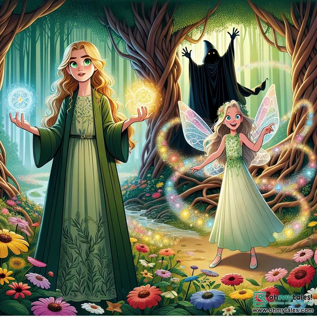 Elara, a young woman with golden hair and sparkling curious eyes, stands at the center of the scene, her face illuminated by a determined smile. She wears a light green dress adorned with floral patterns and holds three glowing magical stones that emit a soft light. Beside her, Luma, a small fairy with shimmering wings, joyfully flits around her, with silver hair and a dress made of flower petals. The setting takes place in an enchanted forest, where tall trees with gnarled trunks rise towards the sky, their leaves forming a green canopy. Colorful flowers carpet the ground, and a sparkling stream winds through the tree roots, adding a touch of magic to the environment. The main situation shows Elara and Luma facing a dark sorcerer, whose menacing shadow looms at the entrance of a mysterious cave. The sorcerer, dressed in a long black cloak, raises his arms to summon dark clouds, while Elara, full of courage, brandishes the magical stones to repel the darkness.