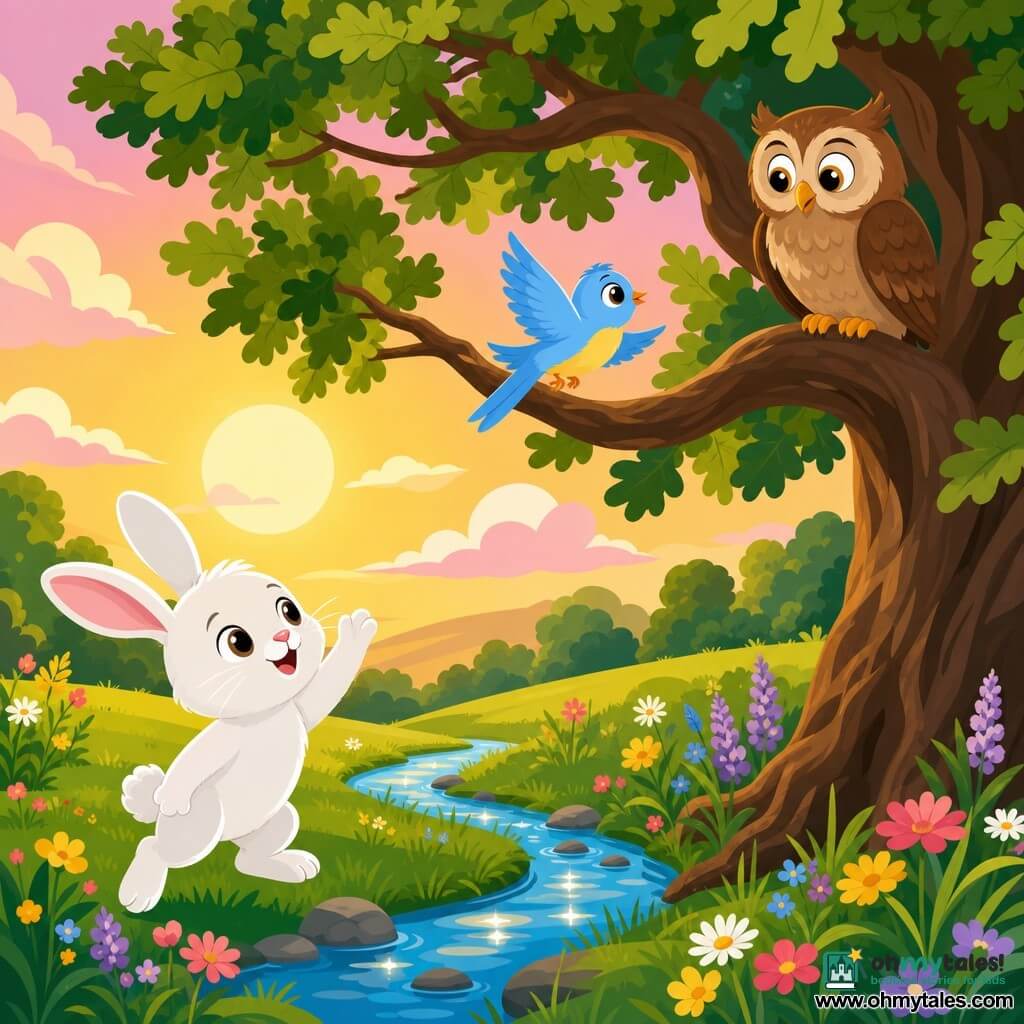 Benny, a small white rabbit with big soft ears and bright round eyes, stands on his hind legs waving an encouraging paw as Bella, a light-blue female bird with a yellow chest patch, bravely flies toward a large oak branch while an old brown owl watches from a high branch in a bright green meadow with wildflowers, a sparkling stream in the foreground and a golden evening sun with pink clouds.