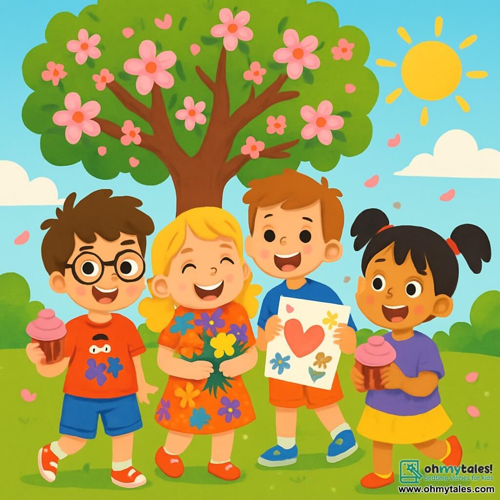 There are 4 children: Charlie, an 8-year-old boy with messy brown hair and round glasses, wearing a red t-shirt with a superhero design and holding a pink-frosted cupcake; Lily, a 7-year-old girl with curly blonde hair in a colorful floral dress, joyfully smiling while holding a bouquet of multicolored flowers; Max, a 7-year-old boy with brown hair and a big smile, dressed in a blue t-shirt and holding a decorated letter; and Zoe, a 6-year-old girl with black hair in pigtails, wearing a purple t-shirt and holding another cupcake, her eyes sparkling with joy. The children stand together under a large flowering apple tree, surrounded by gently falling pink petals. The sky is blue with fluffy white clouds, and the sun shines, creating a joyful and warm atmosphere. The main scene shows the children celebrating Mother's Day, smiling and excited as they prepare to give their letters and gifts to their moms, dancing and singing, filled with happiness and love in the festive park atmosphere.