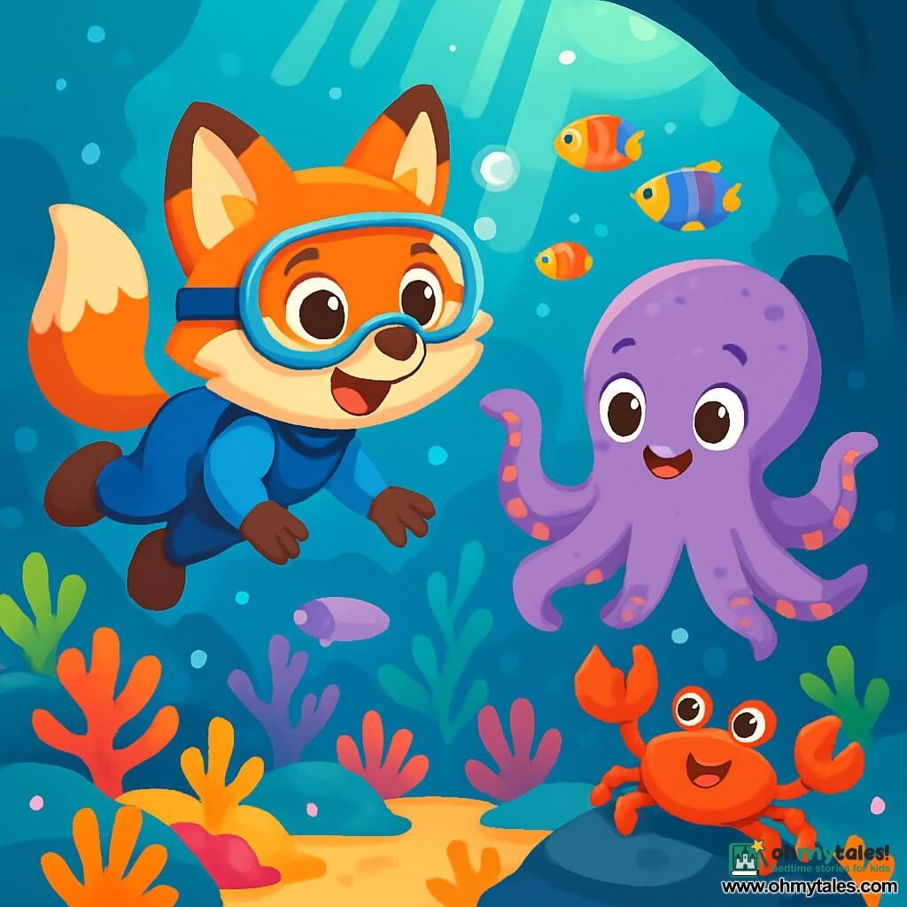 A small fox with bright eyes and a sandy tail, wearing a blue diving suit, happily swims underwater, its face radiating curiosity and excitement. Next to it, a pastel-colored octopus with waving arms and a friendly smile explores the seabed, its eyes sparkling with mischief. A bright red crab, with moving claws, stands on a rock, watching the scene with a look of wonder. The setting is a vibrant underwater world filled with colorful corals, shimmering fish, and rays of light filtering through the water's surface, creating a play of shadows and light. The main scene shows the fox and its friends discovering a mysterious cave, illuminated by natural lanterns, where marine creatures dance around them, creating a magical and adventurous atmosphere.