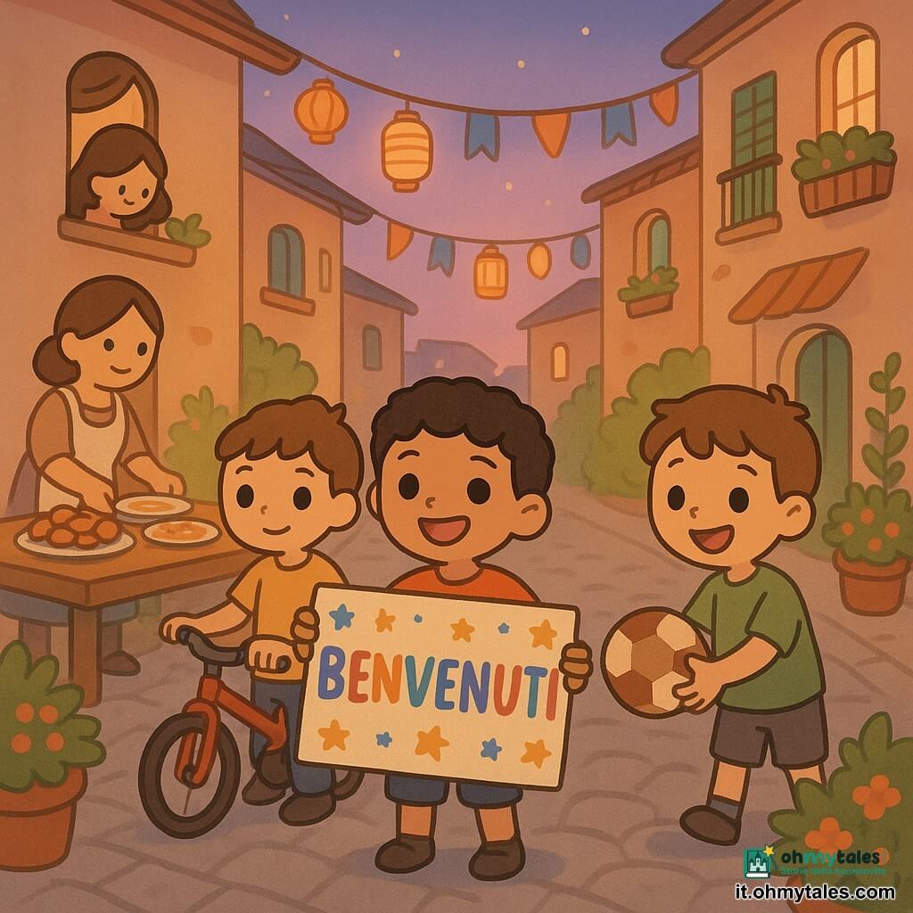 Un ragazzo di 8 anni, Omar, orgoglioso, tiene un grande cartello colorato "Benvenuti" con lettere arrotondate e stelle dipinte, sorridente; accanto Leo, 8 anni, curioso e gioioso, tiene una piccola bicicletta rossa guardando la strada; Matteo, circa 7 anni, sollevato e felice, riceve la palla ritrovata da Omar con le mani tese; una donna adulta, dolce e accogliente, sistema piatti su un tavolo esterno, vestita con abito semplice e grembiule, sullo sfondo a sinistra; la scena è una strada di quartiere lastricata al crepuscolo, con casette colorate, balconi, lanterne di carta e bandierine appese, piante in vaso e fiori; si prepara una piccola festa del Ramadan tra familiari e vicini: atmosfera calda, decorazioni luminose, tavola con piatti colorati e dolci, bambini sorridenti che si aiutano.