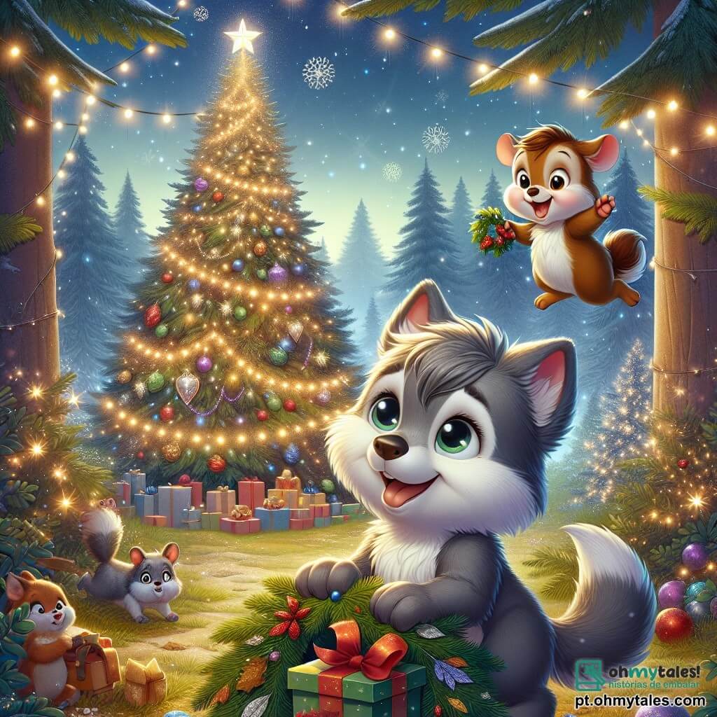 No centro da imagem, um pequeno lobo chamado Lupito, com pelagem cinza suave e olhos brilhantes de curiosidade, está decorando uma grande árvore de Natal em uma clareira encantada. Ele sorri, com as orelhas em pé, segurando uma guirlanda de folhas brilhantes com as patas dianteiras. Ao lado dele, seu melhor amigo, um travesso porquinho-da-índia chamado Pipoca, com pelagem marrom e bochechas redondas, salta de alegria, com os olhos arregalados de excitação, segurando um pequeno pacote de presente colorido. A clareira é banhada por uma suave luz dourada, cercada por árvores majestosas com folhas cintilantes, enquanto flocos de neve caem suavemente do céu estrelado. A cena mostra Lupito e Pipoca se preparando para a grande celebração de Ano Novo, cheios de entusiasmo e alegria, prontos para receber seus amigos animais para uma noite inesquecível.