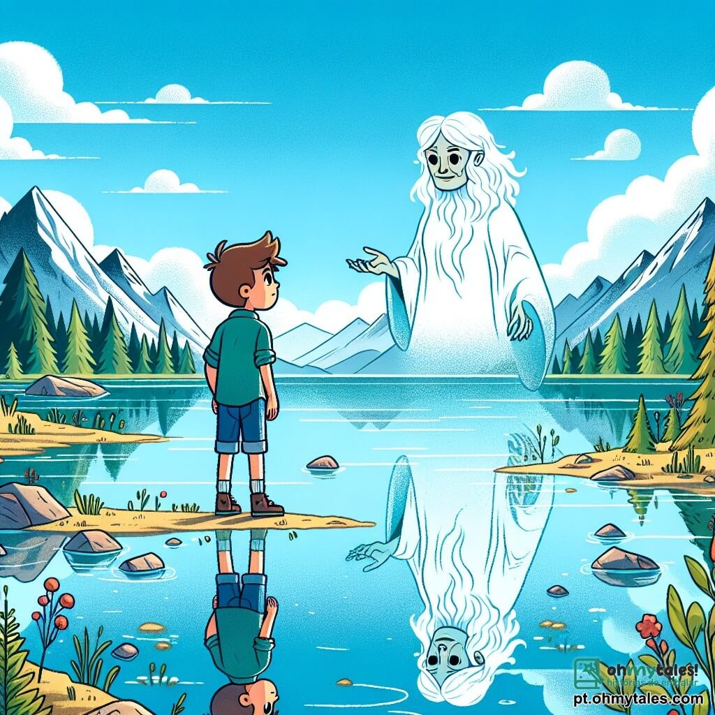 Um menino de 8 anos, Lucas, com cabelos castanhos bagunçados e olhos brilhantes de curiosidade, está à beira de um lago sereno. Ele veste uma camisa azul e um short de denim, seu rosto radiante de admiração enquanto observa seu reflexo na água. Ao seu lado, uma figura etérea emerge das águas: uma sabedoria personificada na forma de uma bela mulher idosa, com cabelos prateados flutuando como algas, que sorri suavemente enquanto fala com ele. O lago é cercado por montanhas majestosas, cujos picos nevados brilham ao sol, e árvores verdejantes margeiam suas margens, criando uma atmosfera pacífica e mágica. A cena principal mostra Lucas contemplando seu reflexo no lago, ouvindo atentamente as palavras da sabedoria que lhe revelam que o verdadeiro conhecimento está dentro dele.