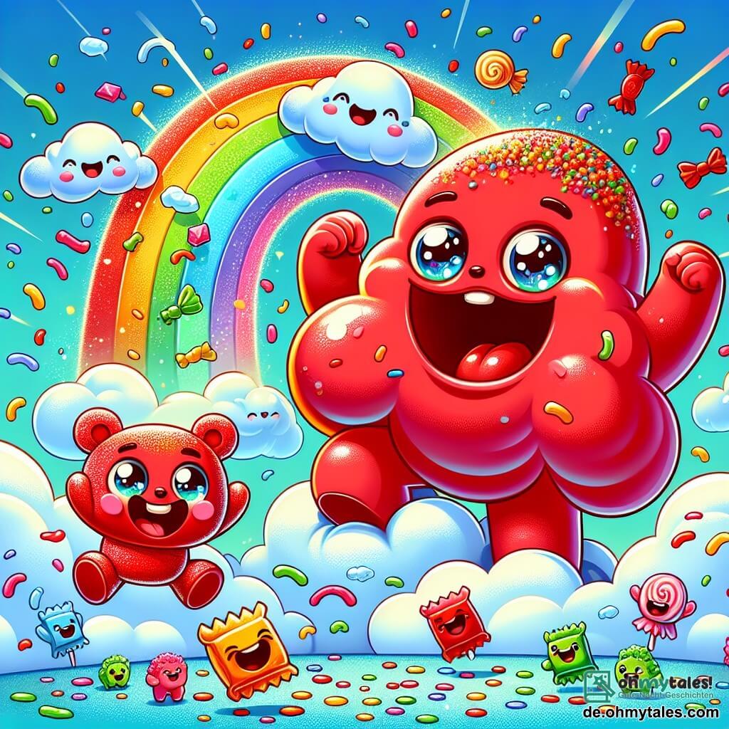 Ein kleines, gummibärchenförmiges, rotes Wesen mit funkelnden Augen und einem großen Lächeln tanzt fröhlich auf einer fluffigen Wolke, umgeben von buntem Konfetti, und drückt immense Freude und Aufregung aus. Neben ihm springt ein großes, wolkenförmiges Monster mit runden Augen und strahlendem Lächeln voller Glück in die Luft und wirft Lachsalven in die Höhe. Im Hintergrund erstreckt sich ein strahlend blauer Himmel mit zuckerwattenförmigen Wolken, während ein glitzernder Regenbogen majestätisch die Szene erhellt. Die Hauptsituation zeigt die beiden Freunde, die zusammen spielen und einen großen Quatschball kreieren, während kleine wolkenartige Kreaturen sie umgeben und bereit sind, sich dem Fest anzuschließen.
