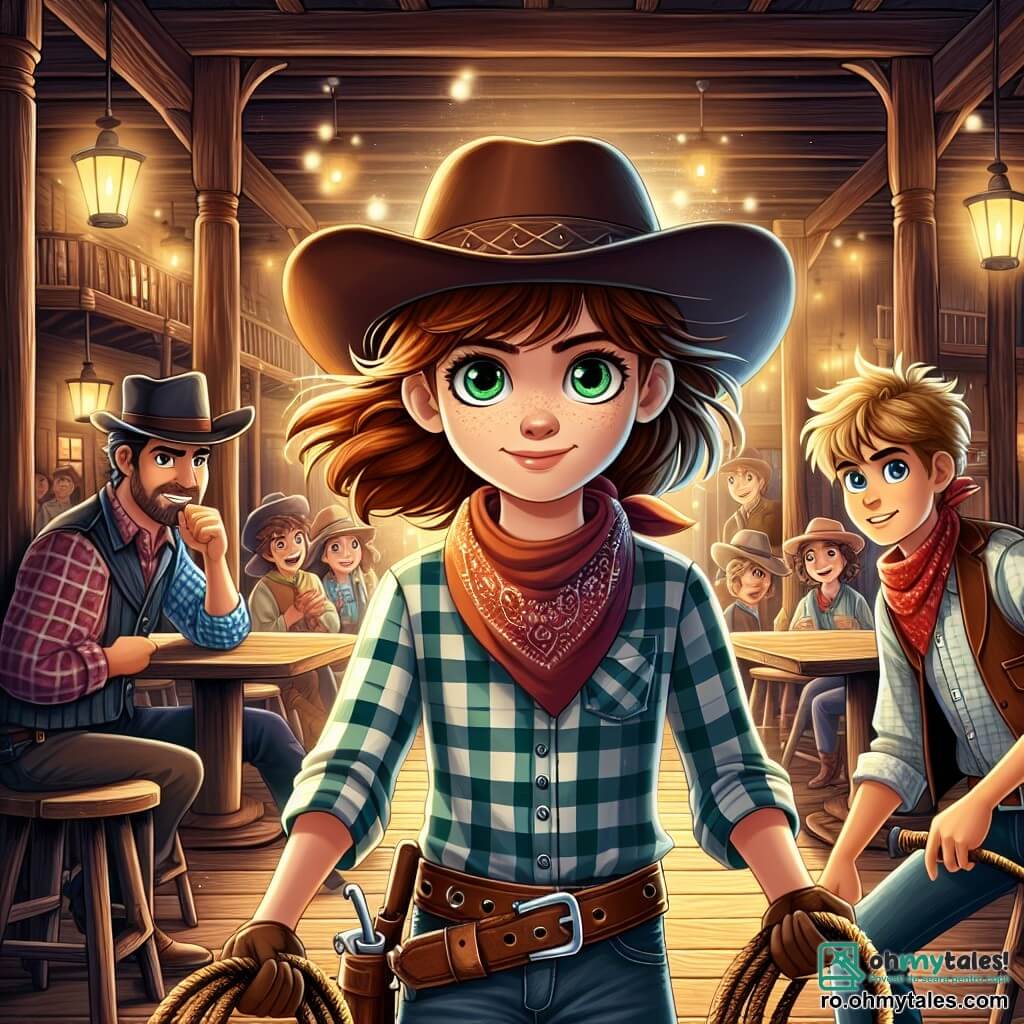 Clara, o fată cowboy curajoasă de aproximativ 10 ani, stă în centrul imaginii, cu părul castaniu fluturând în vânt și ochii verzi strălucind de determinare. Poartă o pălărie de cowboy, o cămașă cu carouri și blugi, mânuind o frânghie cu un zâmbet încrezător pe față, pregătită să înfrunte aventura. La dreapta ei, Jake, un cowboy de 12 ani, cu părul blond în dezordine și o privire jucăușă, observă scena cu un aer admirativ, purtând o vestă din piele și un bandană roșie în jurul gâtului. Decorul se află într-un saloon animat din Vestul Sălbatic, cu pereți din lemn vechi, mese din stejar și clienți curioși care îi înconjoară, aplaudând și încurajând-o pe Clara. Situația principală o arată pe Clara provocând un grup de bandiți care încearcă să pătrundă în saloon, cu o expresie de bravură pe față, în timp ce bandiții, surprinși, se întorc spre ea, creând o tensiune palpabilă în aer.
