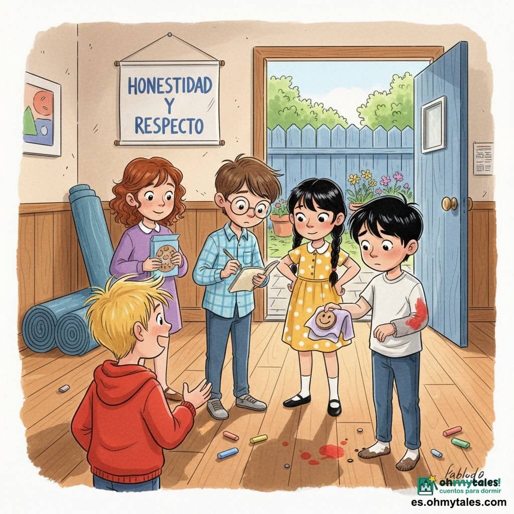 Hay cinco niños: Leo, ~7 años, pelo castaño corto, gafas redondas, camisa clara a cuadros, sostiene un cuaderno y lápiz mostrando un dibujo; Ana, ~7, trenza negra, vestido amarillo, manos en caderas, mirada determinada; Mateo, ~7, pelo rubio alborotado, sudadera roja, mano levantada como preguntando; Sofía, ~7, pelo castaño rizado, suéter verde menta, sostiene una caja de galletas; Pablo, ~8, tímido, pelo negro, tiene una mancha de pintura roja en la manga y una zapatilla embarrada, ofrece una toalla con un medallón sonriente de madera. Lugar: pequeño dojo y patio trasero soleado con suelo de madera, tatamis recogidos, un cartel “Honestidad y respeto” y puerta trasera abierta hacia un patio con valla azul y macetas. Situación: los niños rodean a Pablo mientras devuelve el medallón; escena de descubrimiento y perdón, rostros emocionados, ambiente cálido y luminoso con sombras suaves y colores vivos.